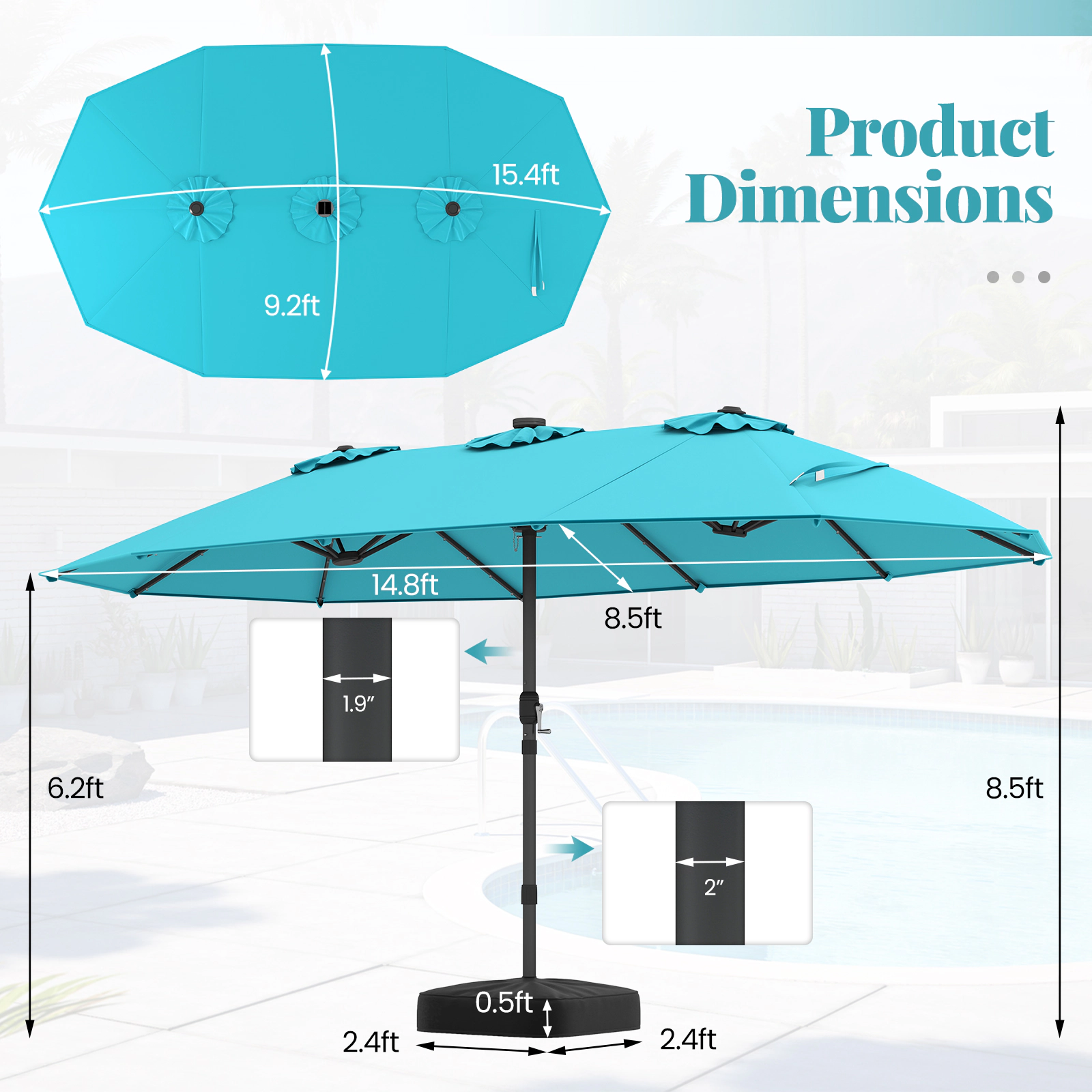 SUGIFT Turquoise 48 Solar LED Lights 12 Ribs and Base 15 FT Double-Sided Patio Umbrella
