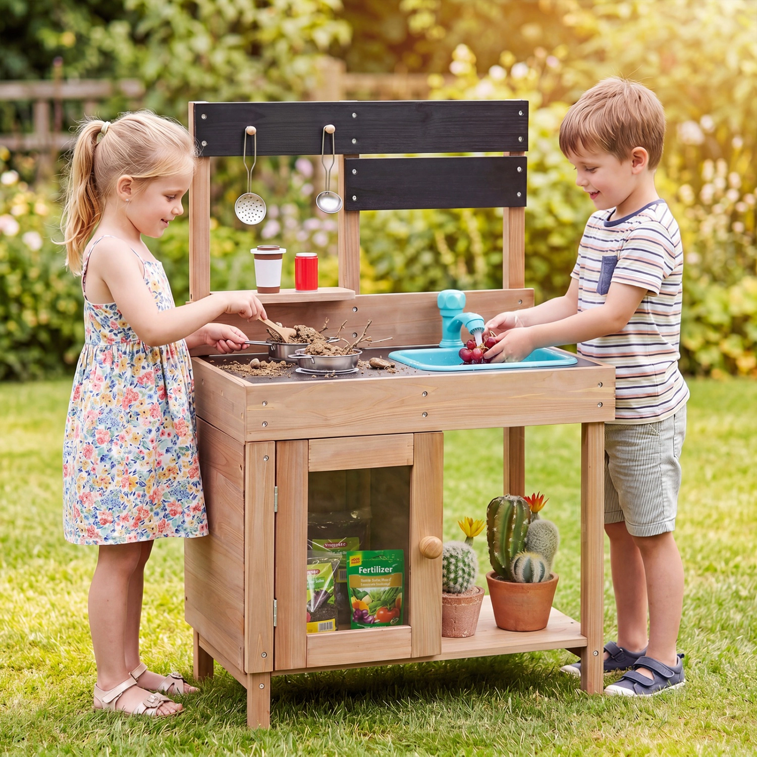 LJG Kids Wooden Play Pretend Kitchen with Stoves Storage Cabinet and Shelf