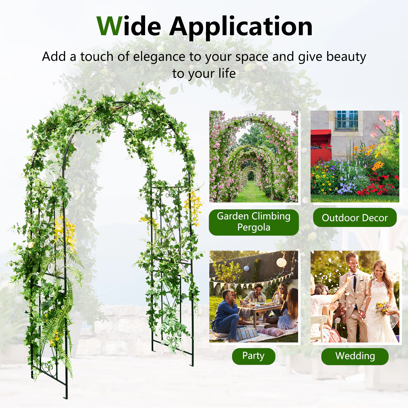 SUGIFT 87-in Black Metal Garden Arch Arbor Trellis with 61-in Side Trellises and 4 Ground Stakes