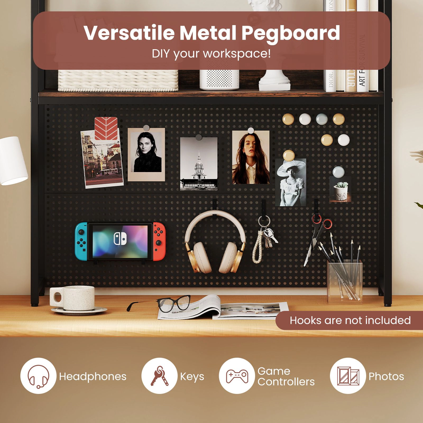 SlickBlue Desktop Bookshelf with 2-Tier Shelves and Pegboard Storage