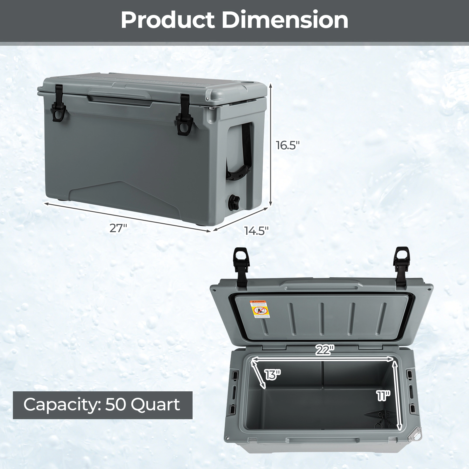 SUGIFT Gray 50-qt 220-lb Capacity Rotomolded Hard Cooler Ice Chest with Cup Holders and Bottle Opener