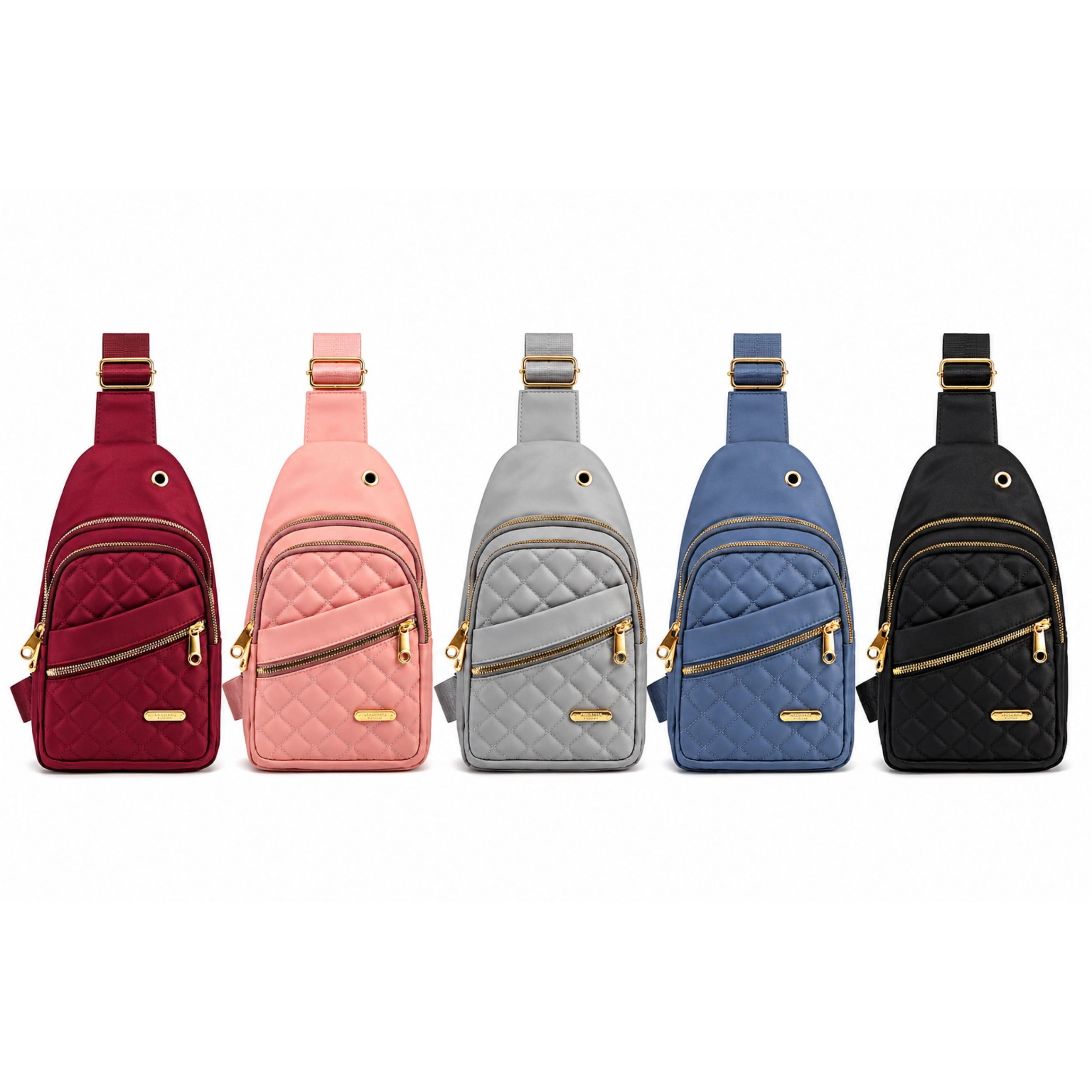 Home Collection Women’s Quilted Nylon Crossbody Sling Bag with 3 Zipper Pockets