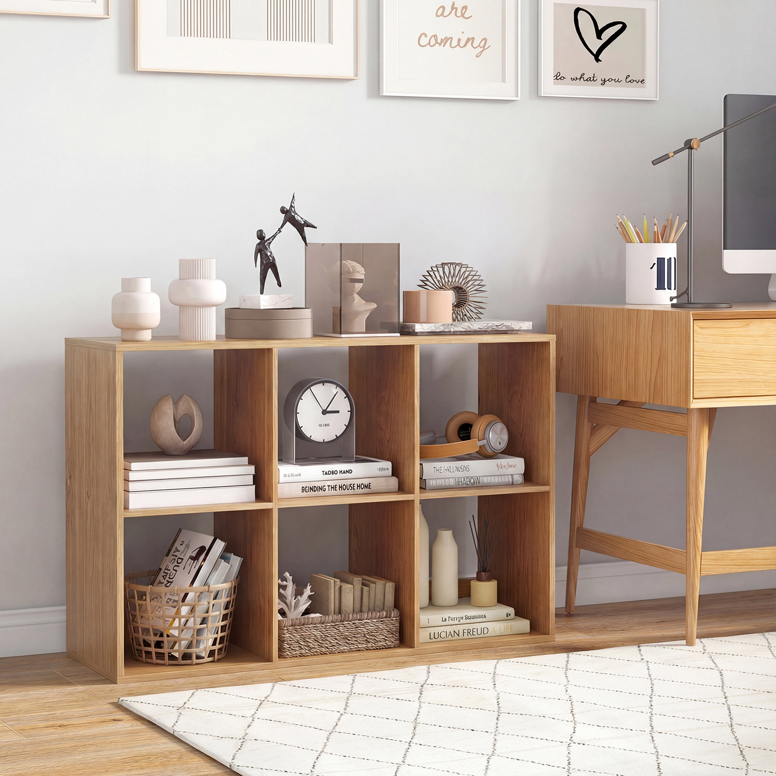 SUGIFT 6-Cube Bookshelf with Back Guardrail 154-lb Tabletop Capacity 44-lb Cube Capacity Natural