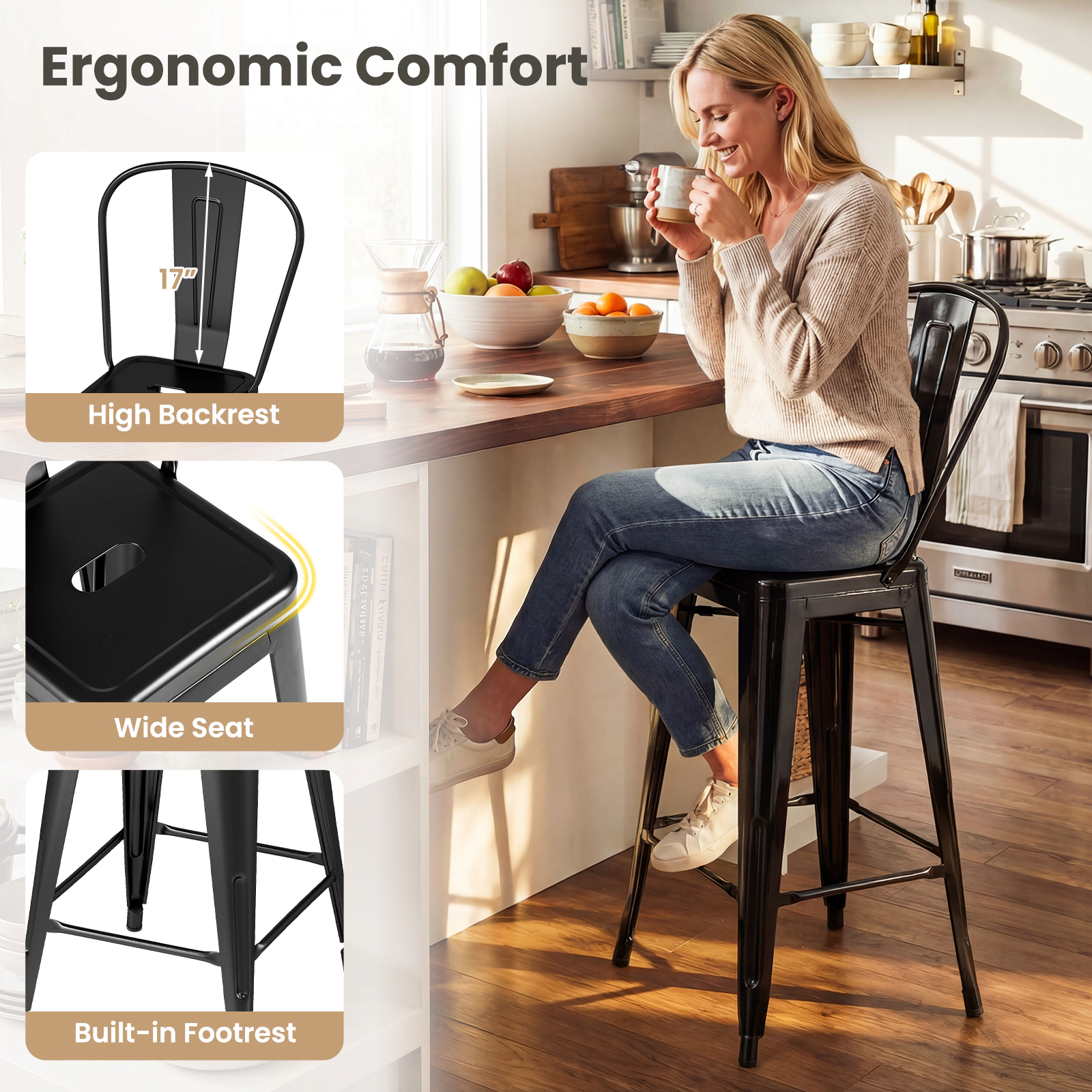 Glintex 4-Piece 24-Inch Stackable Metal Counter Stool Set with Removable Backs