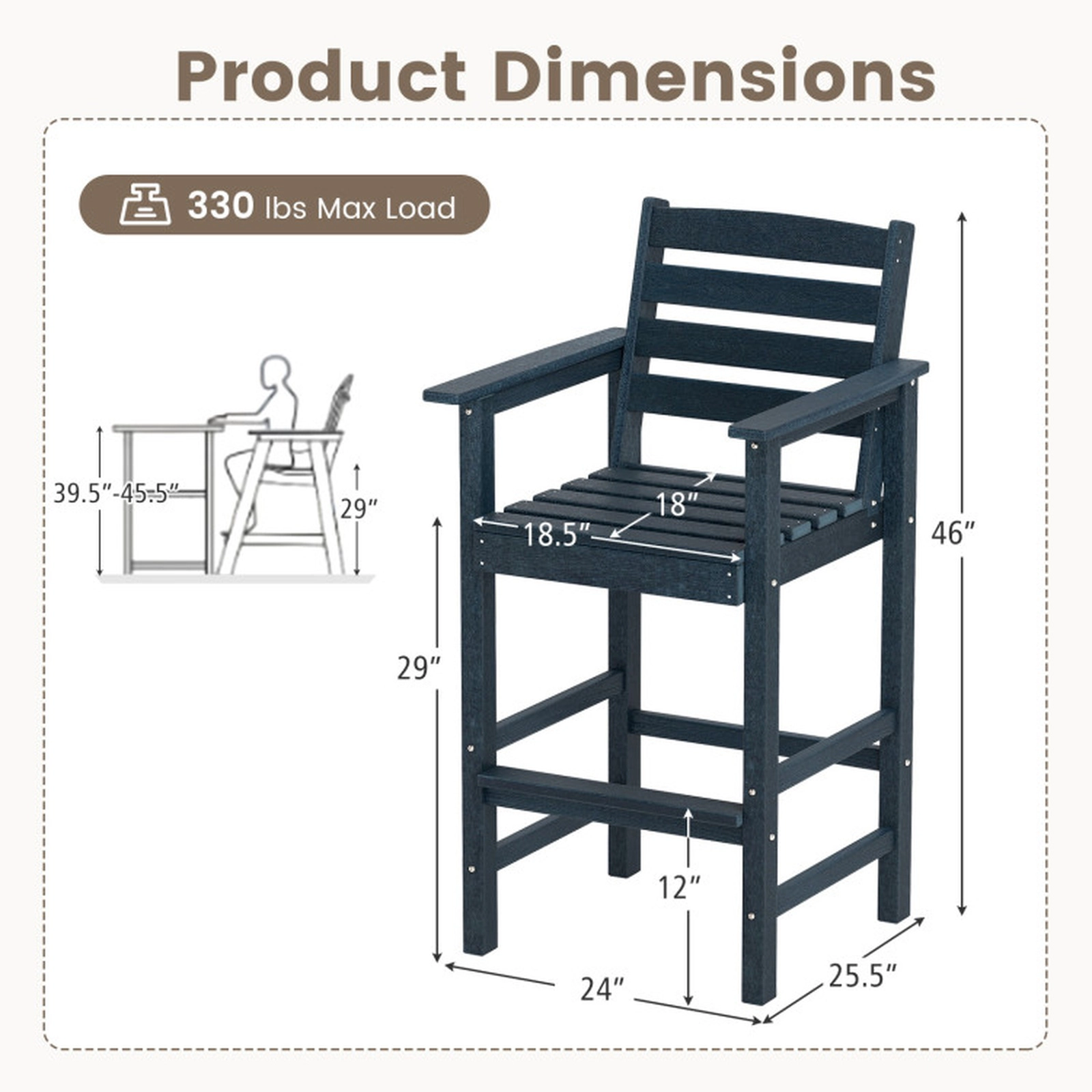 SUGIFT Adirondack Patio Bar Chairs Set 330-lb Capacity Navy
