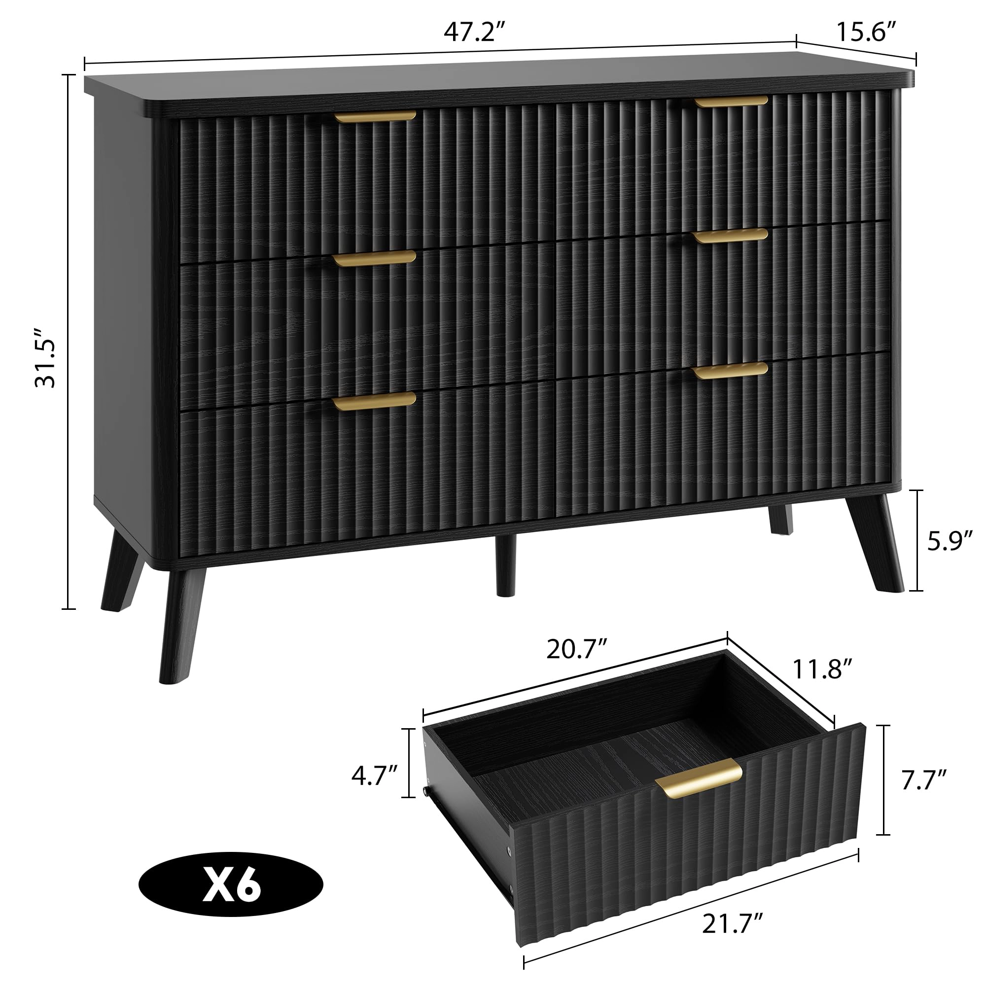 Fluted 6 Drawer Dresser, Curved Profile Design 47.2" Wide Wooden Chest & TV Stand for Bedroom Living Room