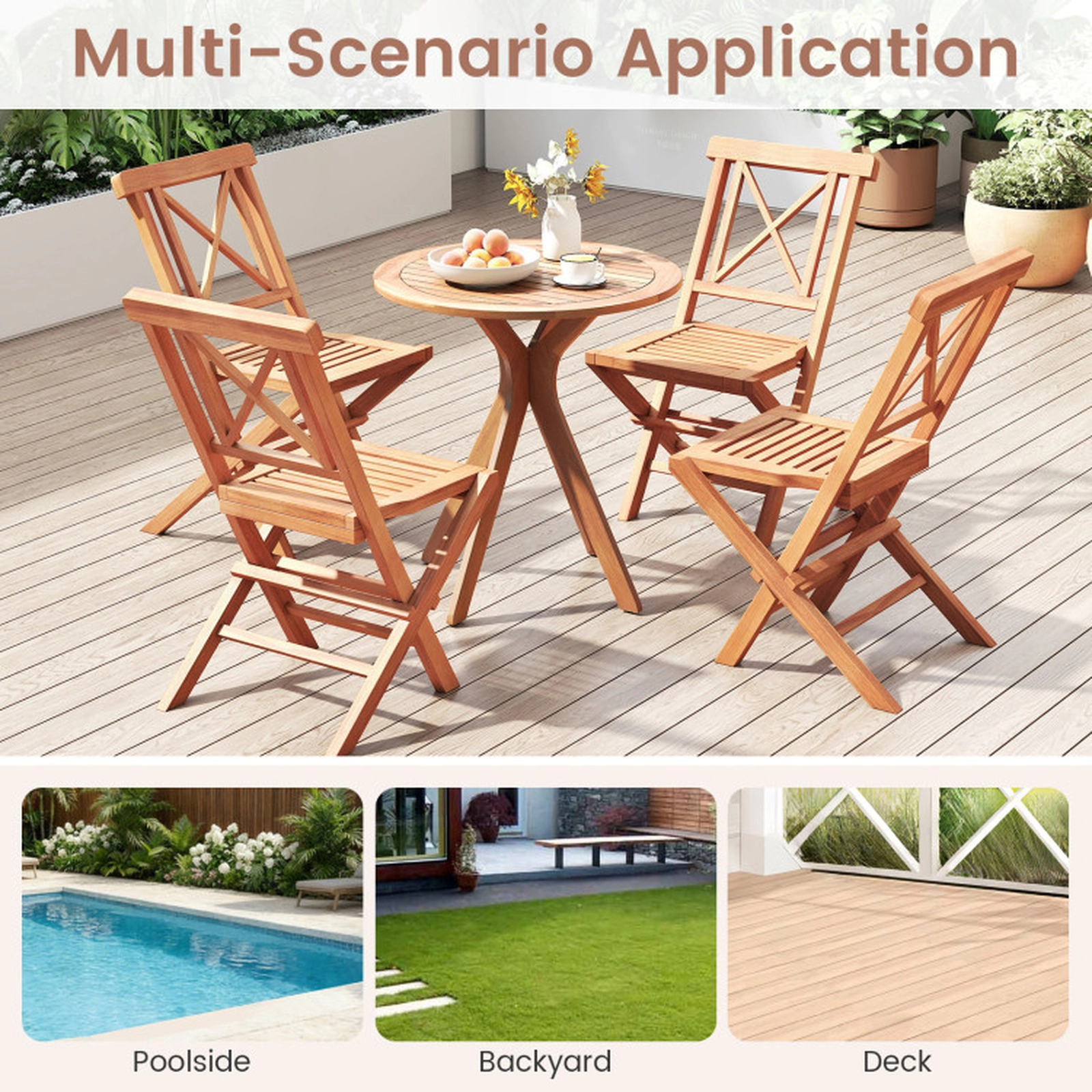 SUGIFT Set of 2 Natural Teak Wood Folding Patio Dining Chairs, 400-lb Capacity