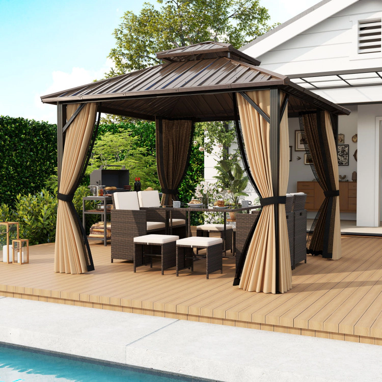 Hivvago Hardtop Gazebo with Netting and Curtain and Double-Roof Galvanized Metal Top