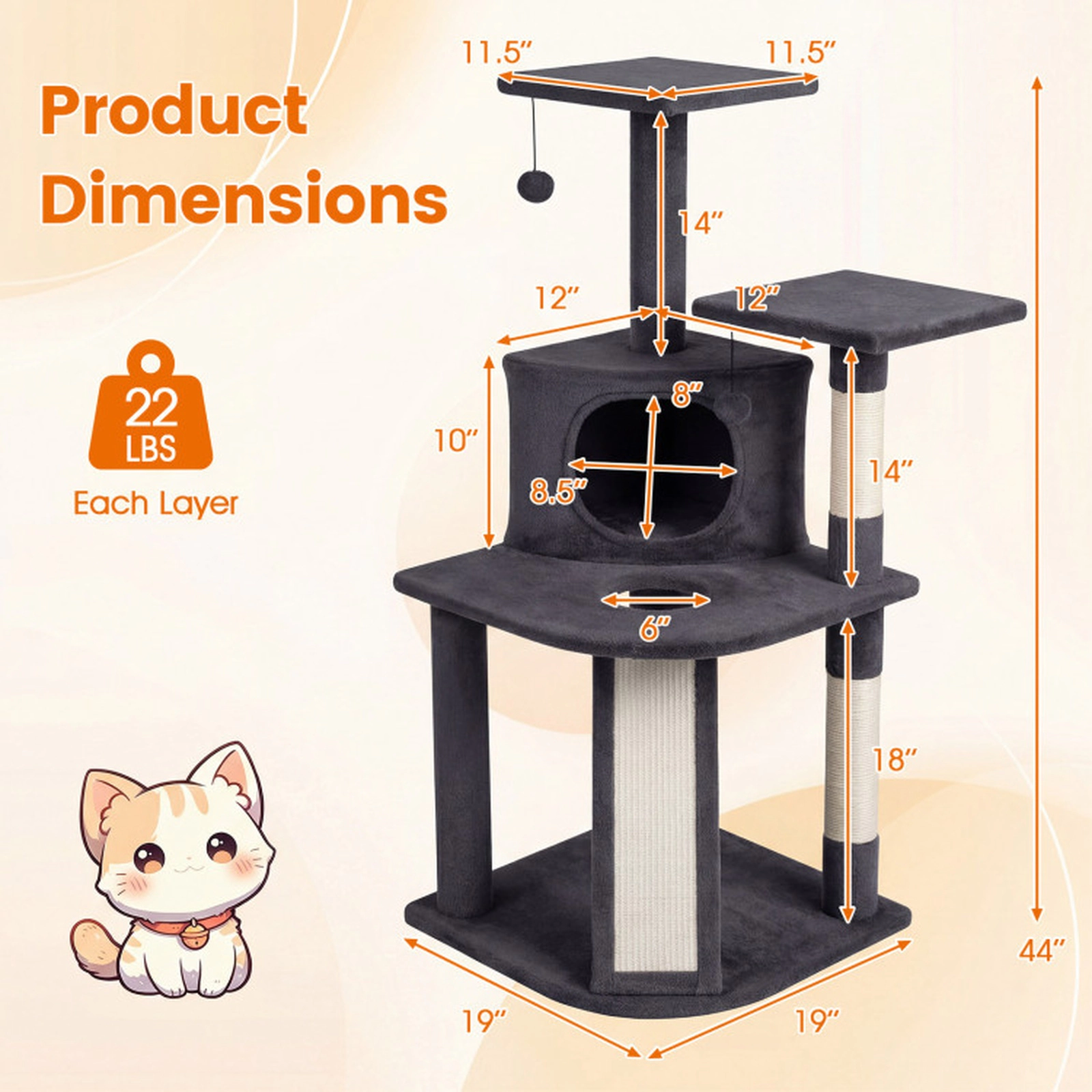 SUGIFT 44-in Tall Dark Gray Cat Tree Tower with Condo 2 Plush Perches Sisal Posts Ramp and Hanging Balls