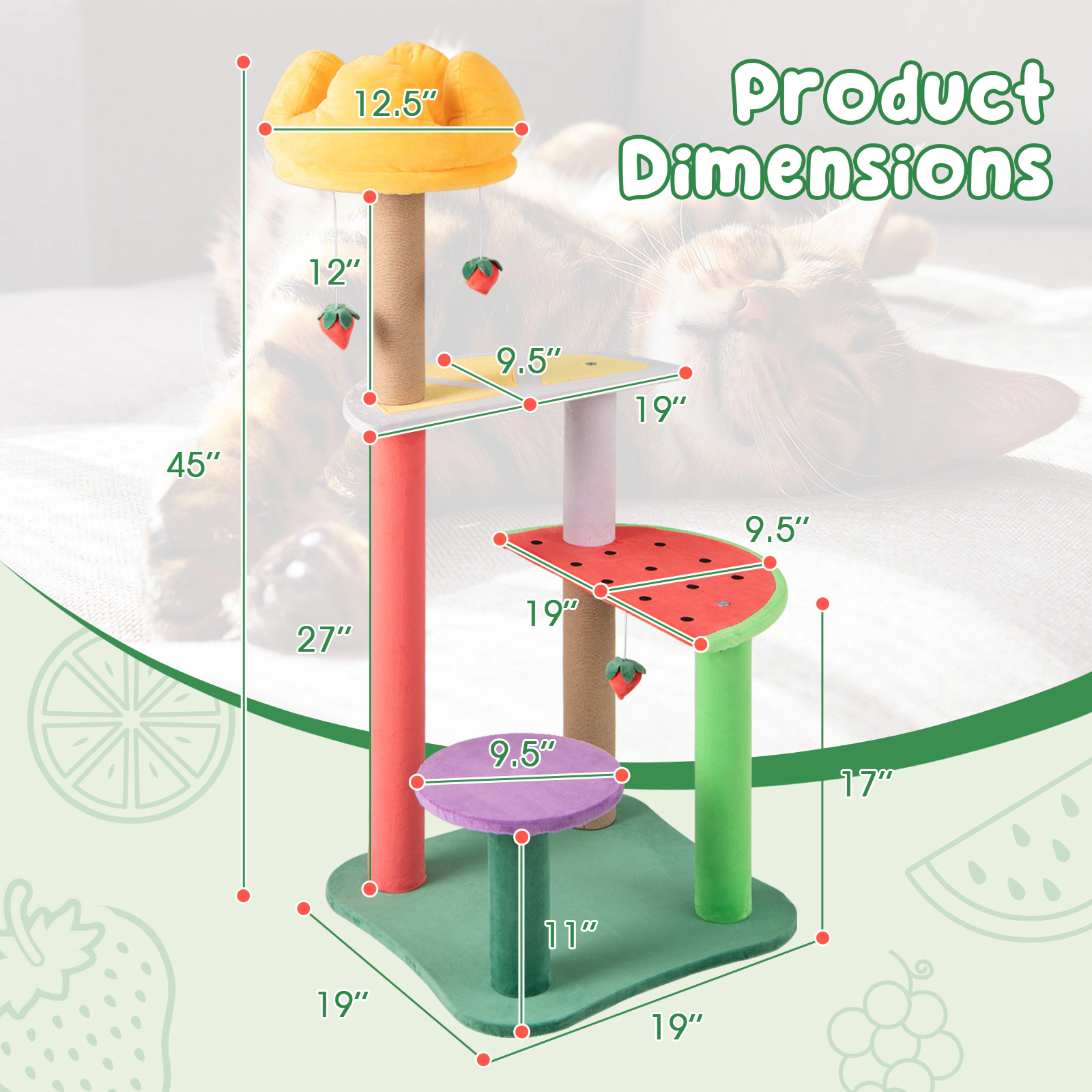 Glintex 45-Inch Fruit-Themed Cat Tree with Crown-Shaped Padded Top Perch, Multicolor