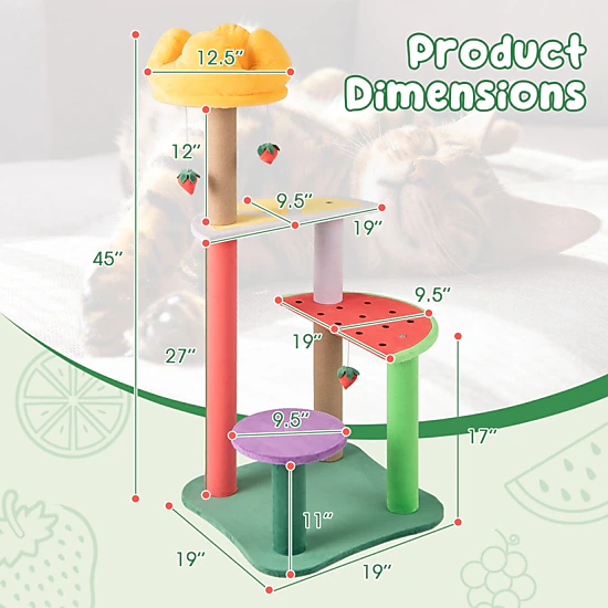 LJG 45 Inch Multi-Level Cat Tree with Plush Padded Top Perch and Fruit-Shaped Platforms