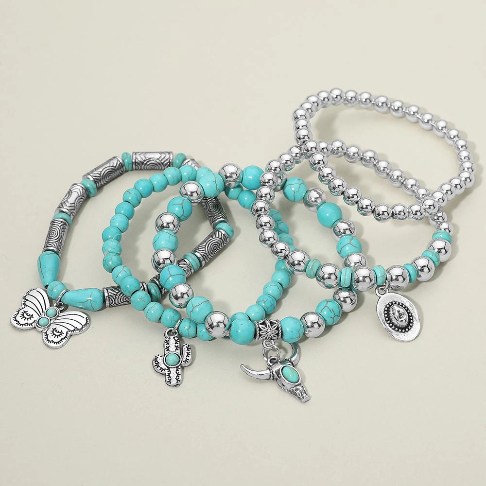 FASHNZFAB 5PCS Turquoise Stone Beaded Stretch Multi Layered Bracelets