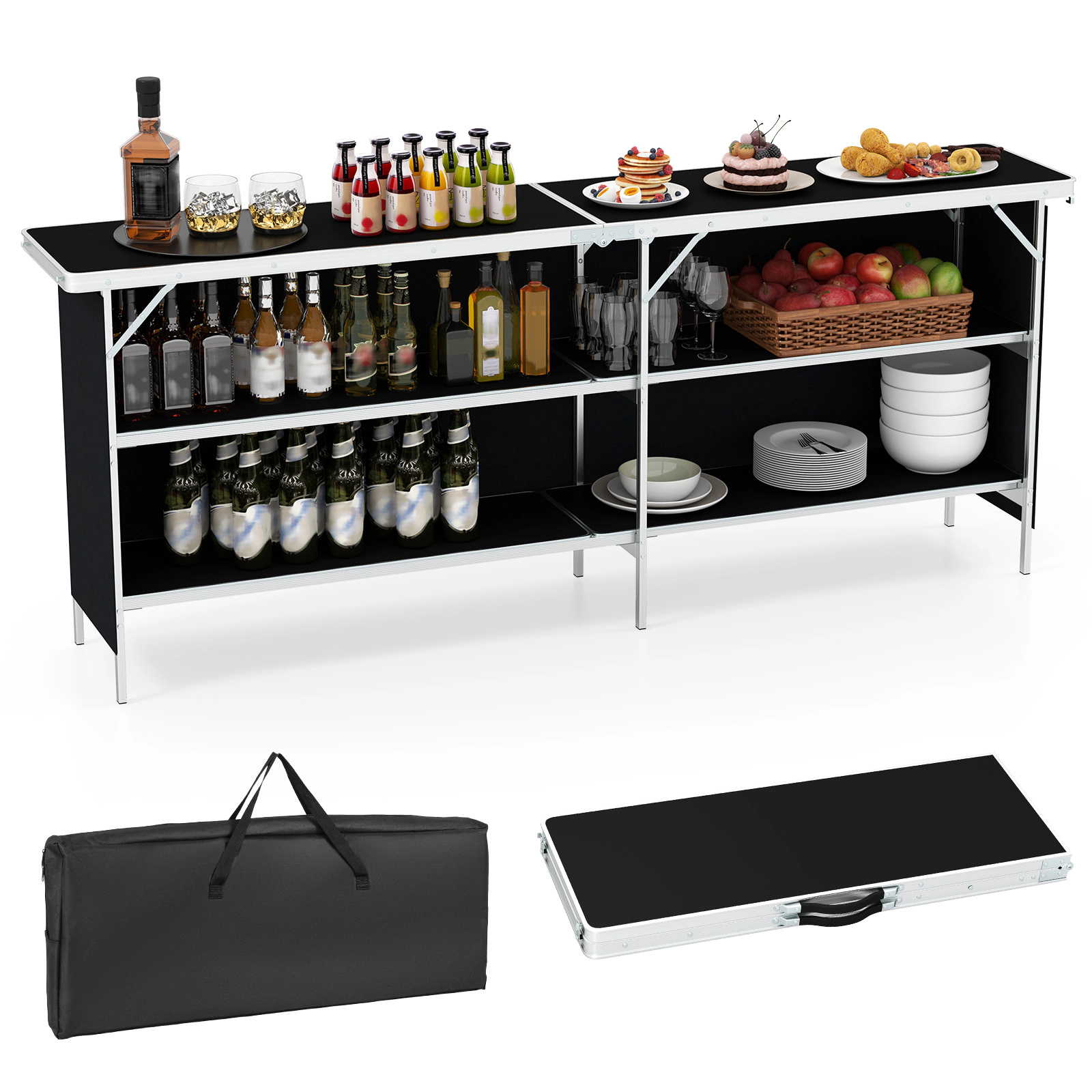 SUGIFT 81-in Aluminum Picnic Table with 2-Tier Open Shelves 132-lb Tabletop Capacity 33-lb Shelf Capacity Black Coffee