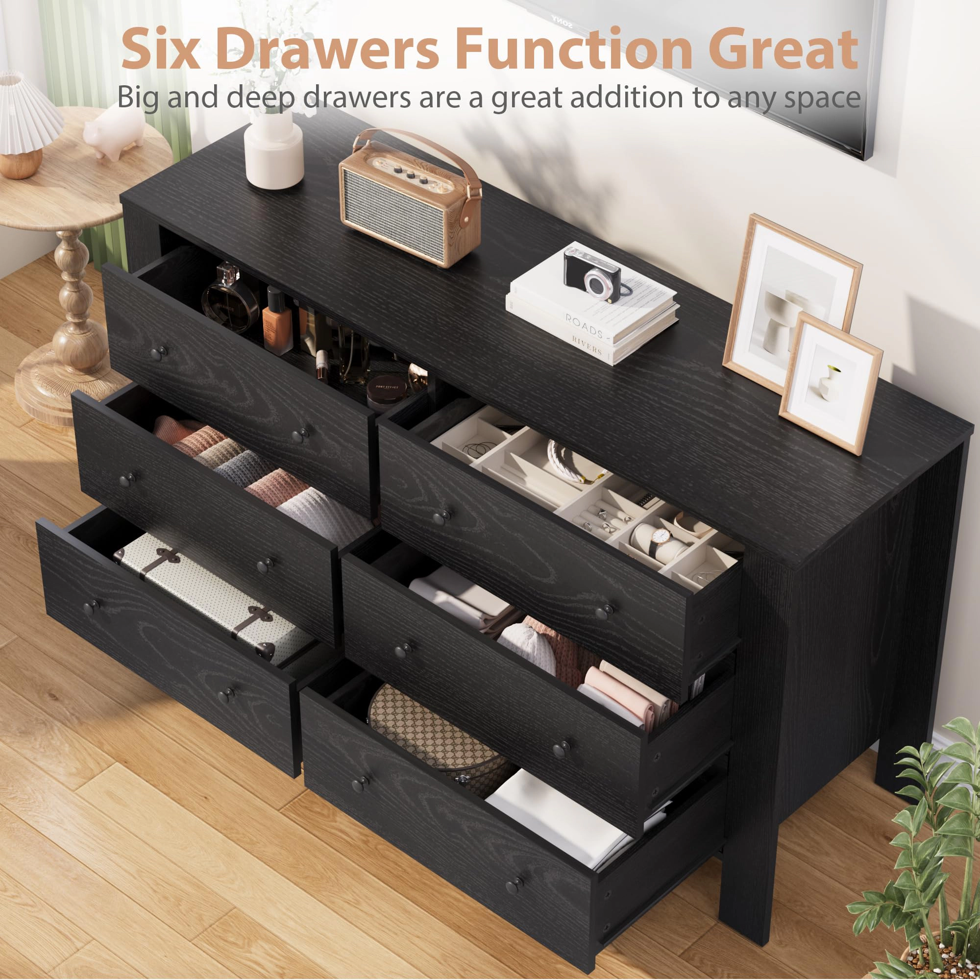 6 Drawer Modern Dresser with Metal Knobs, 50" Wide Large Wood Storage Chest for Bedroom Living Room