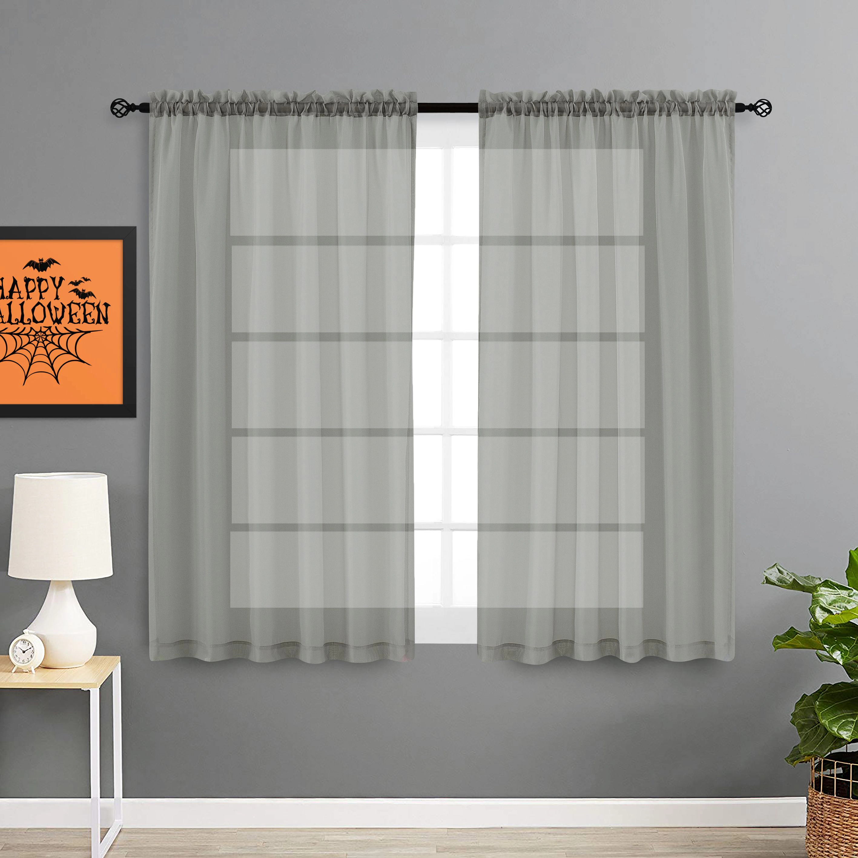 Goodgram 2 Piece Spooky Halloween Decor Misty Gray Colored Rod Pocket Sheer Voile Window Curtains - 63 In. Long