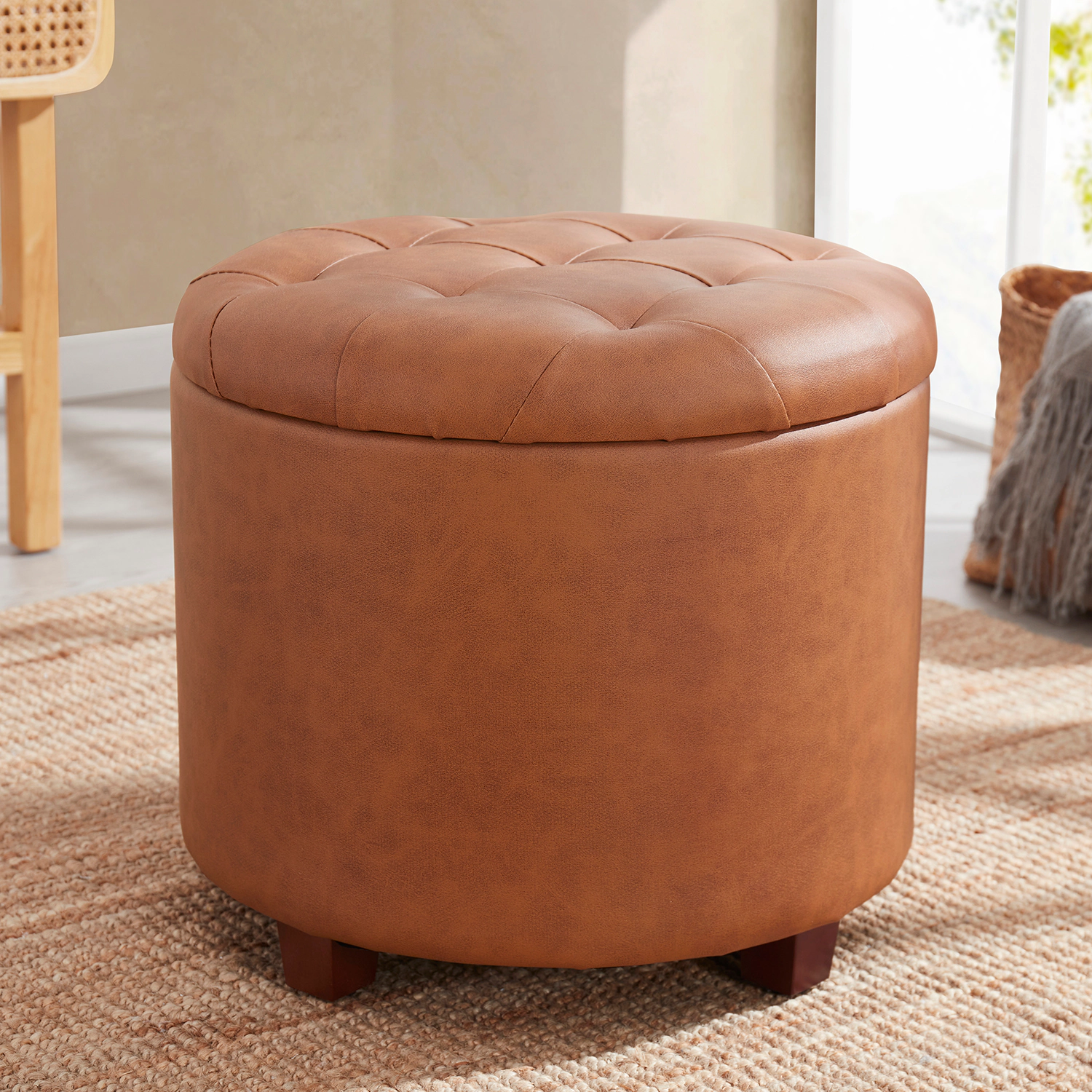 Ornavo Home Faux Leather Round Storage Ottoman with Legs and Lift Off Lid
