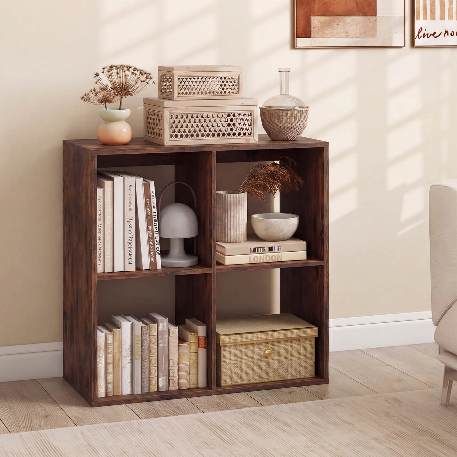Costway 4-Cube Bookshelf, Modern Cubby Bookcase with Back Guardrail & Anti-tipping Kits Natural