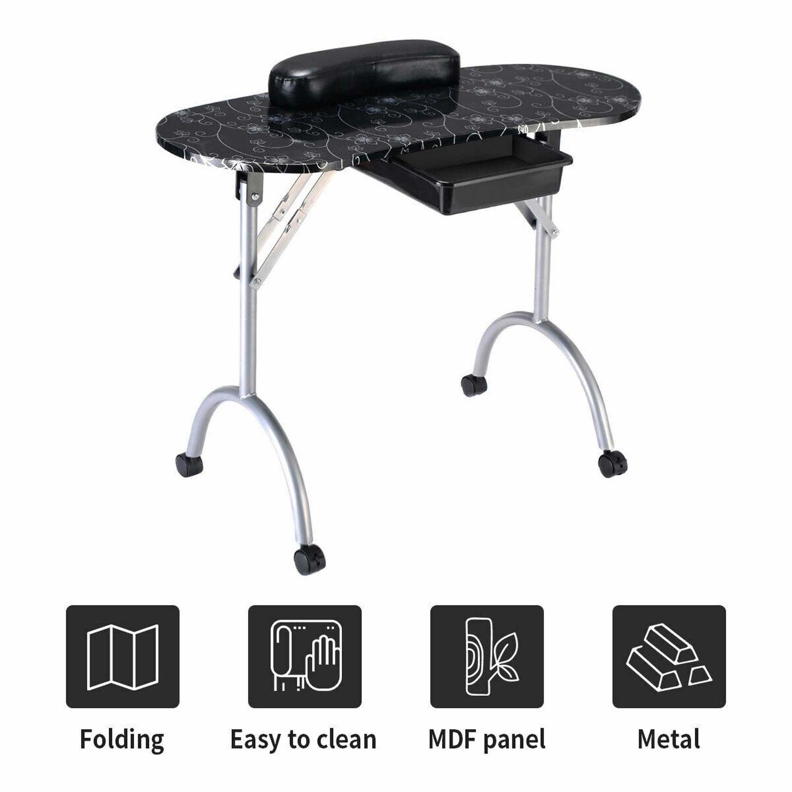 SUGIFT Folding Storage Drawer Wrist Cushion 4 Lockable Casters Manicure Nail Desk 35.5-in x 14.5-in x 27-in Black
