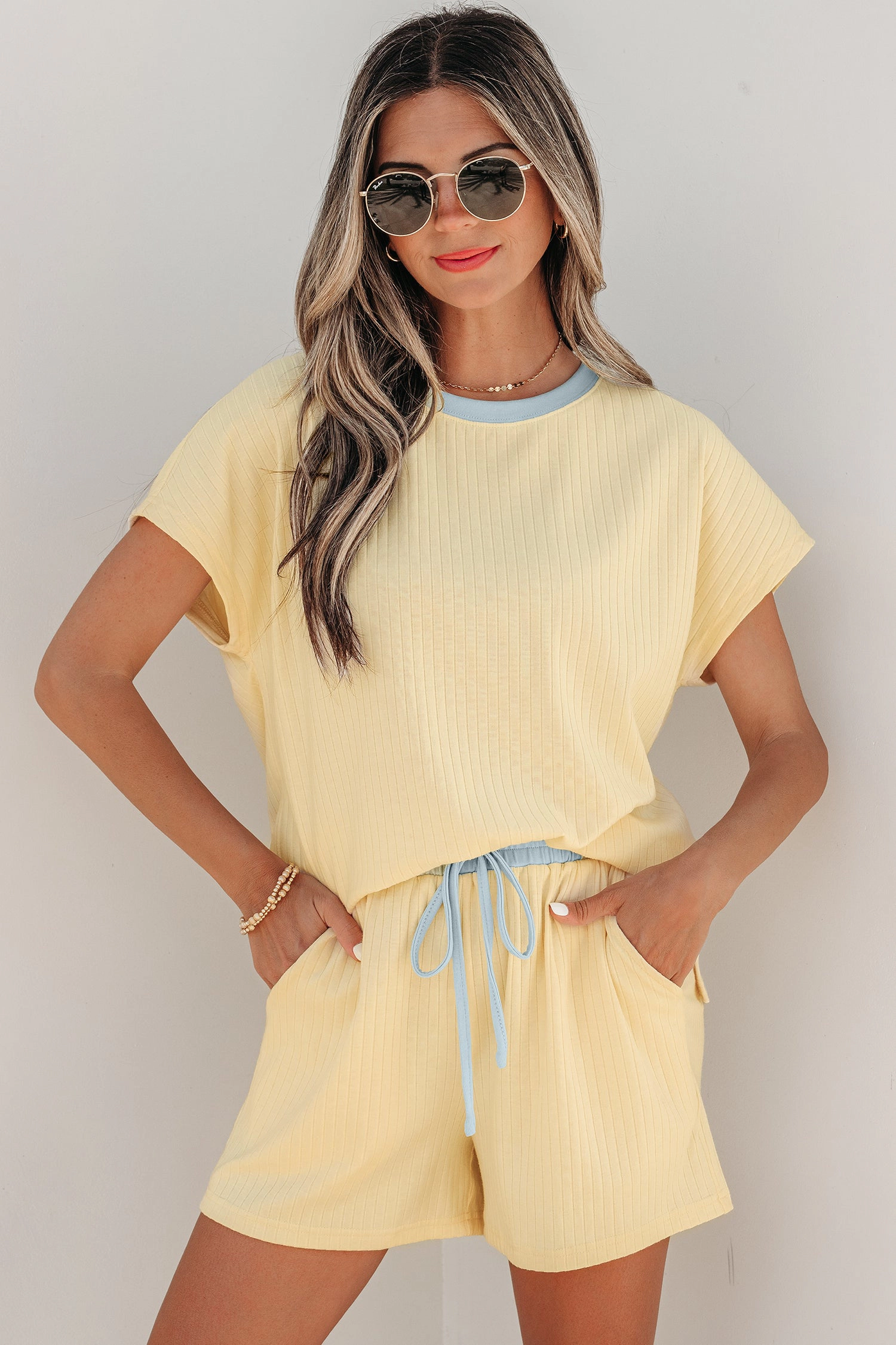 Threaded Pear Womens Sunny Trim Casual Short Set - Ribbed Color-Block Top and Drawstring Shorts