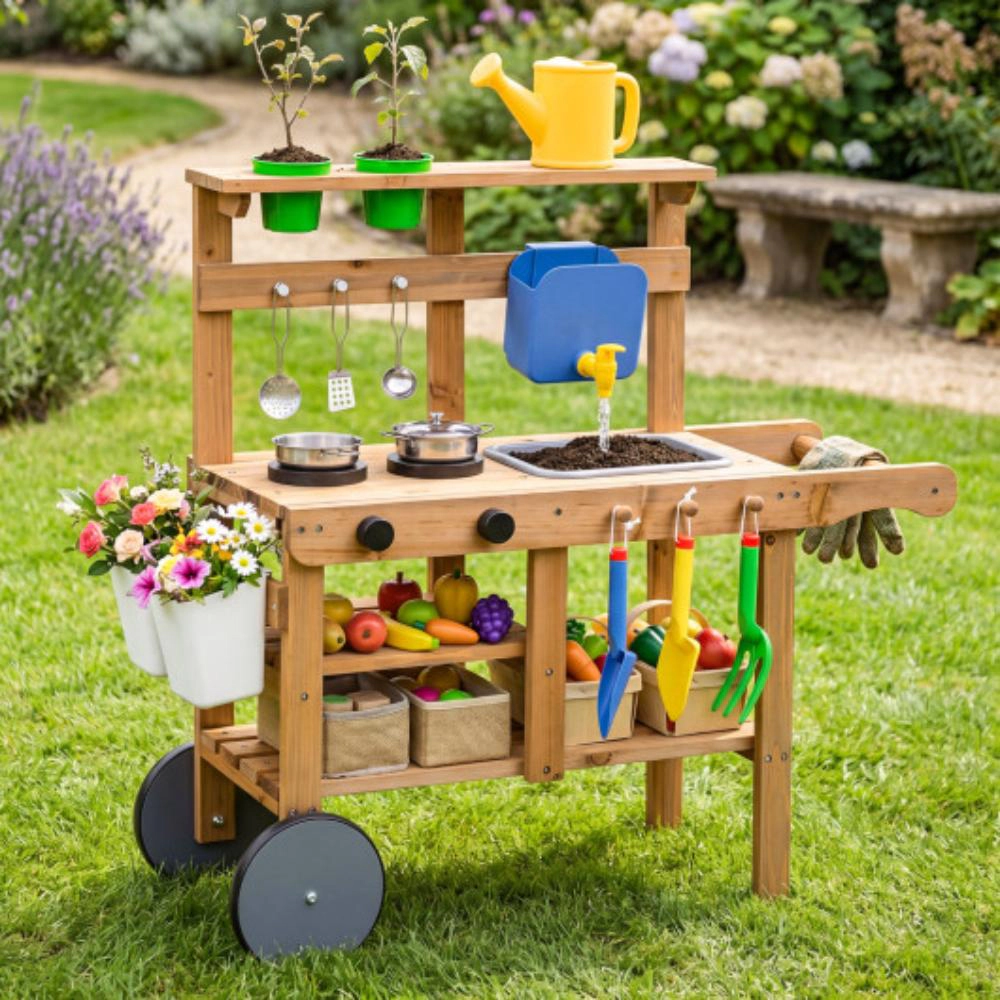 Hivvago Kids Mud Kitchen with Water Tank and Sink and 15 Accessories