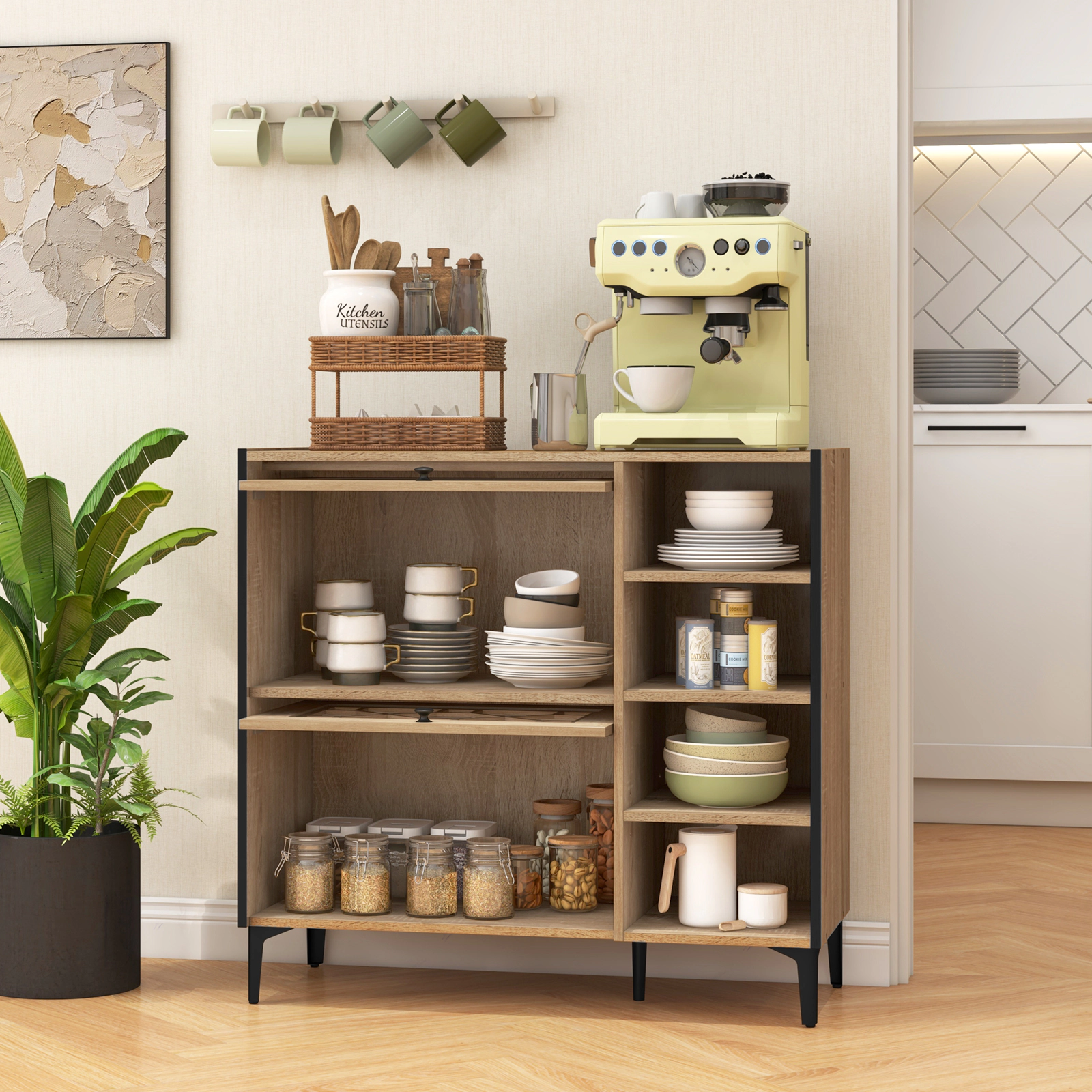 SUGIFT Oak 35.5-in Entryway Shoe Cabinet with Flip-Up See-Through Doors and 4 Open Storage Shelves