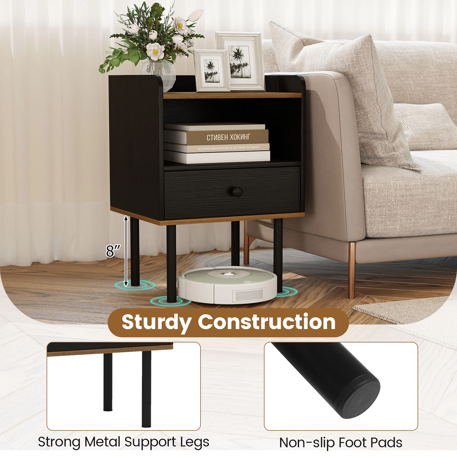 SUGIFT 3-Tier Nightstand with Drawer and Open Storage Shelf 66-lb Tabletop Capacity 16-in Wide Frame Black & Natural
