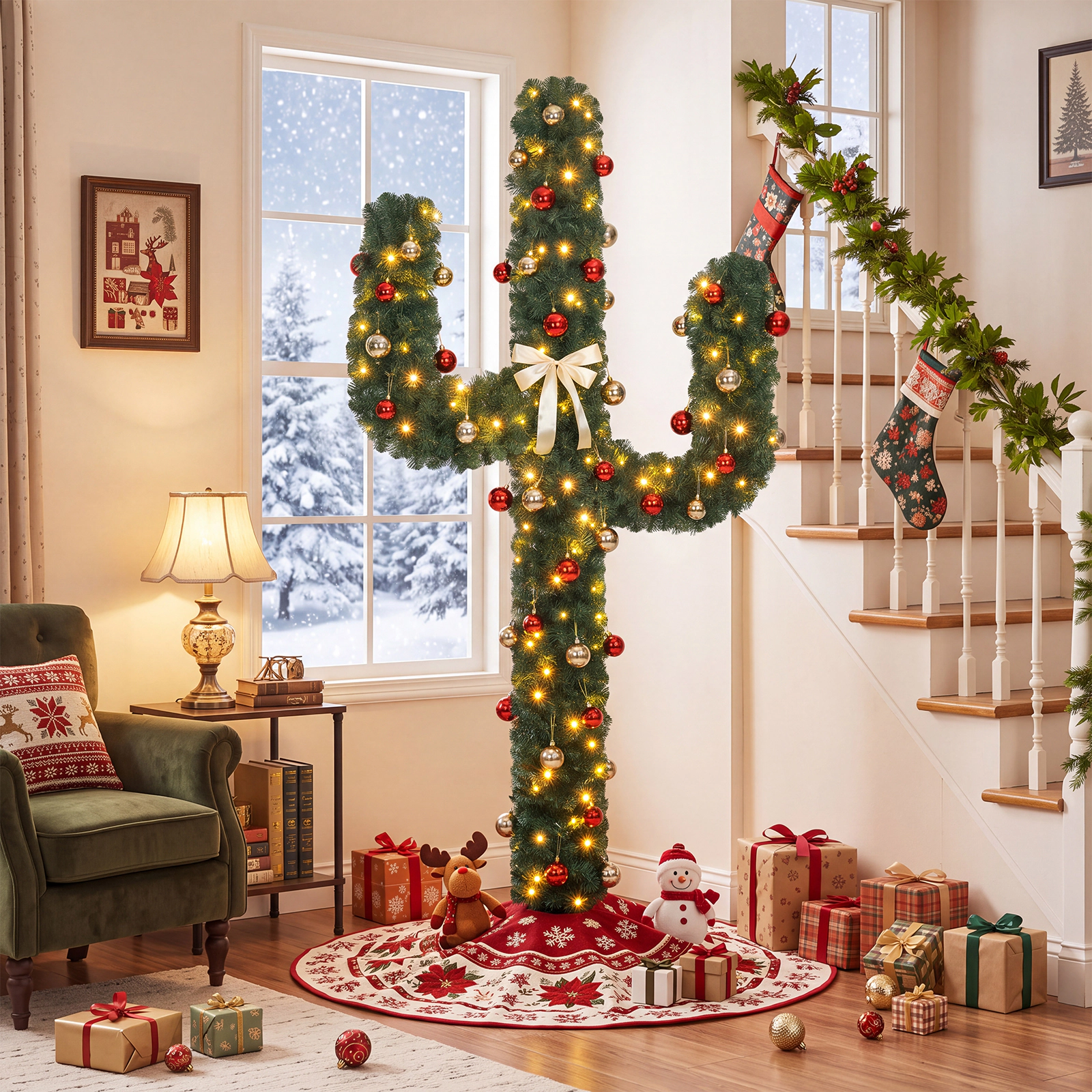 Costway 7 FT Pre-Lit Cactus Christmas Tree with 160 LED Lights Green