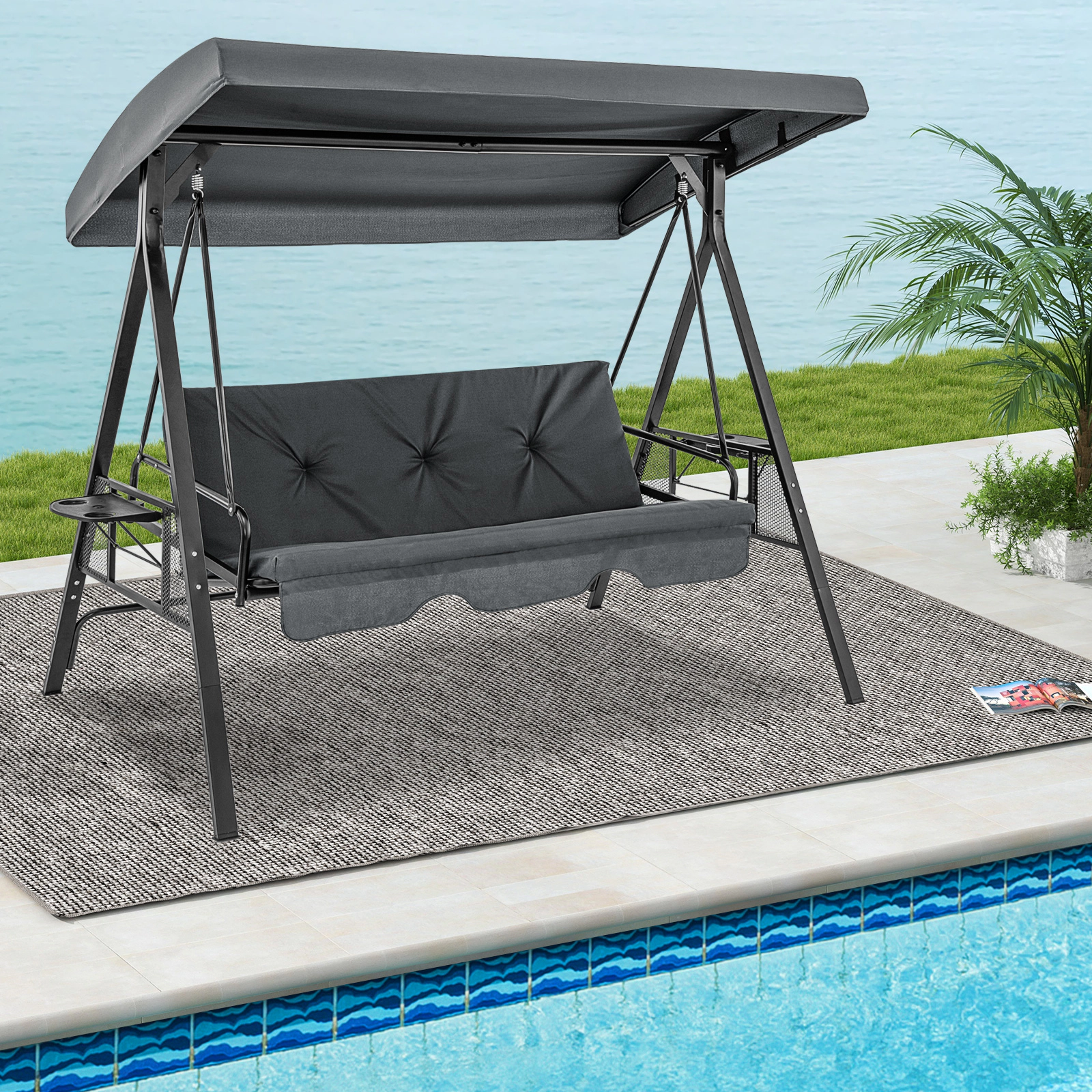 SUGIFT Gray Canopy and Side Table 3-Seat Convertible Porch Swing to Flat Bed