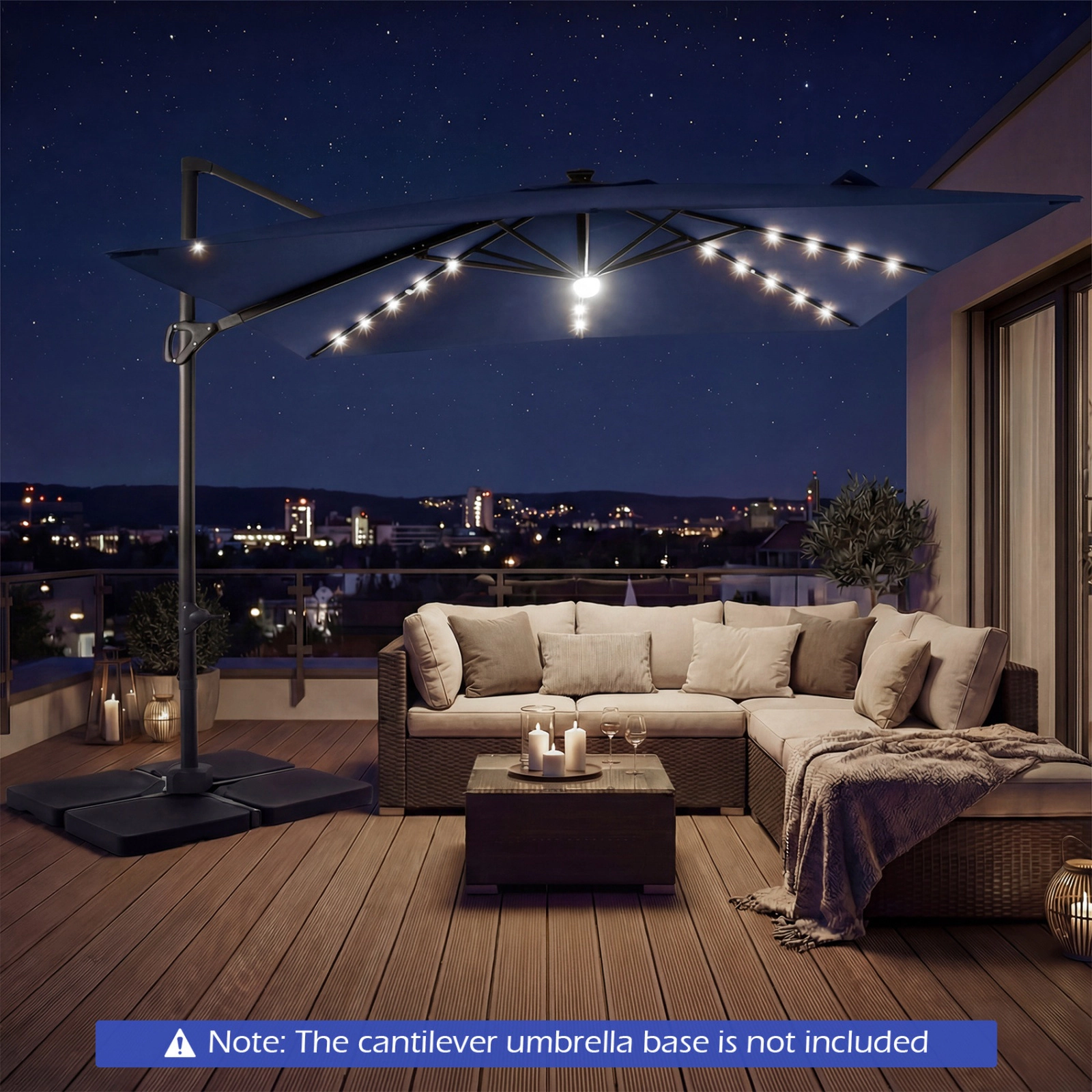 SUGIFT 10-ft Cantilever Patio Umbrella with Solar LED Lights and 2-Tier Vented Canopy for Pool and Garden Navy Blue