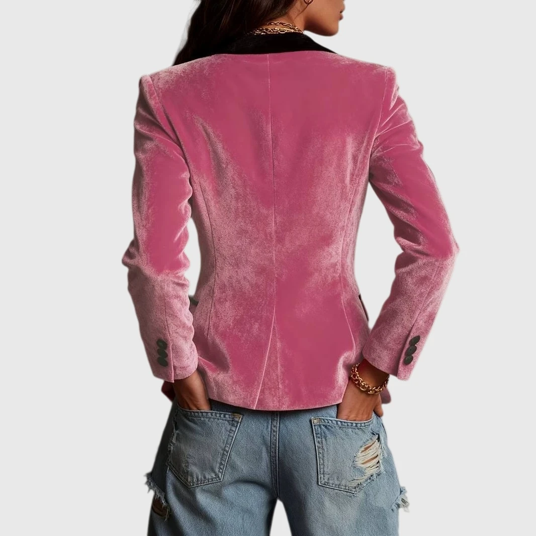 YesFashion Women's Contrast Lapel Velvet Blazer Single Breasted Fitted Suit Jacket
