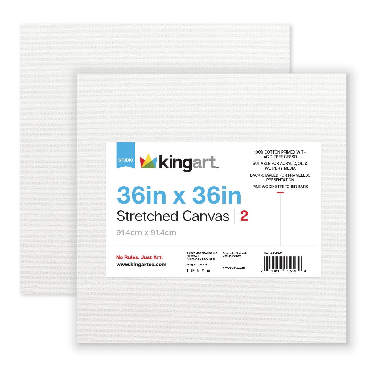 KINGART Stretched White Square Canvas 36" x 36" - 100% Cotton Primed (2 Pack)