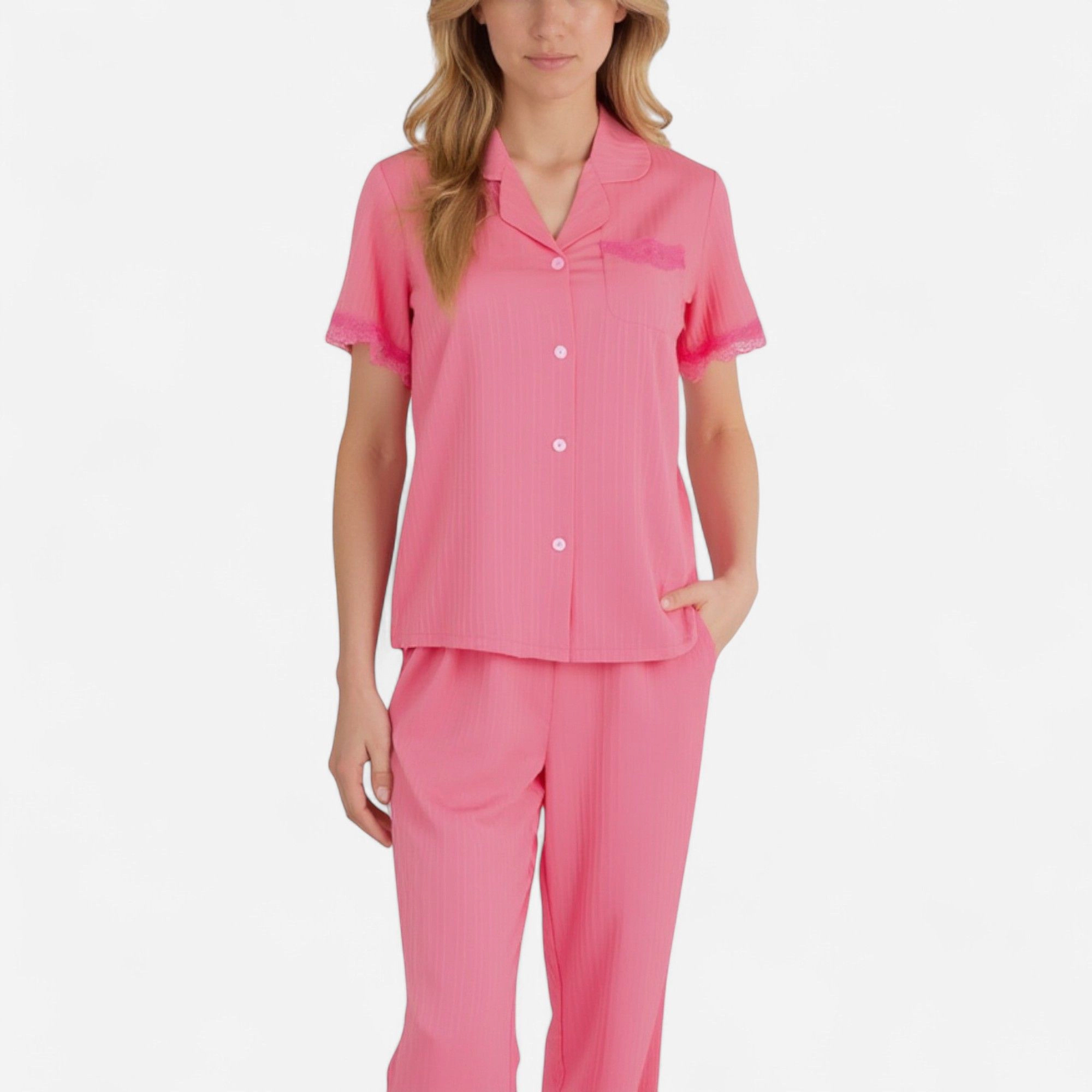 Anna-Kaci Women's Short Sleeve Pajama Set with Button Up Top Lace Trim Sleeves Chest Pocket and Relaxed Fit Lounge Pants