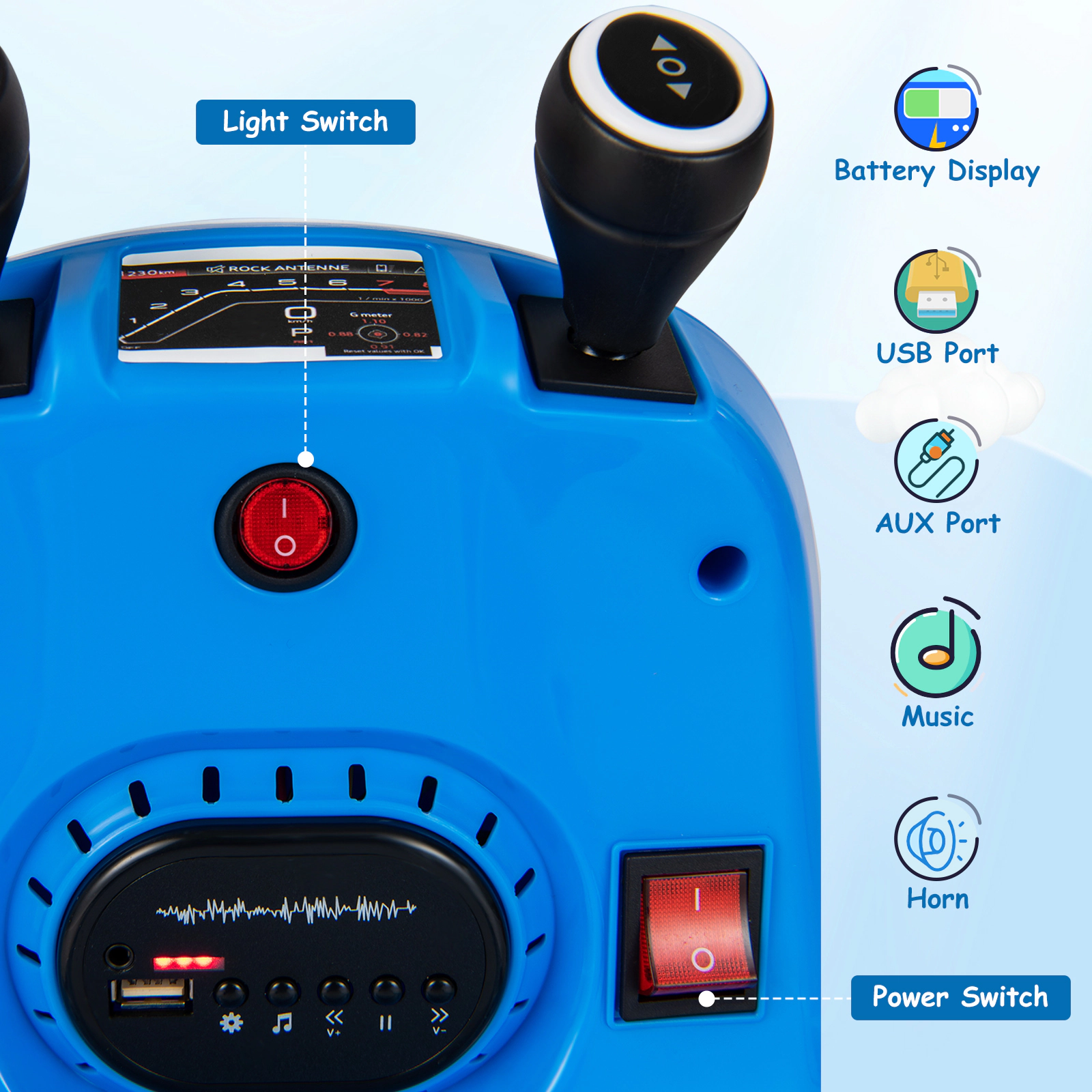 12V Kids Ride On Bumper Car 360-Degree Spin Dual 25W Motors Soft Bumper Lights Ages 3-8 66-lb Capacity Blue