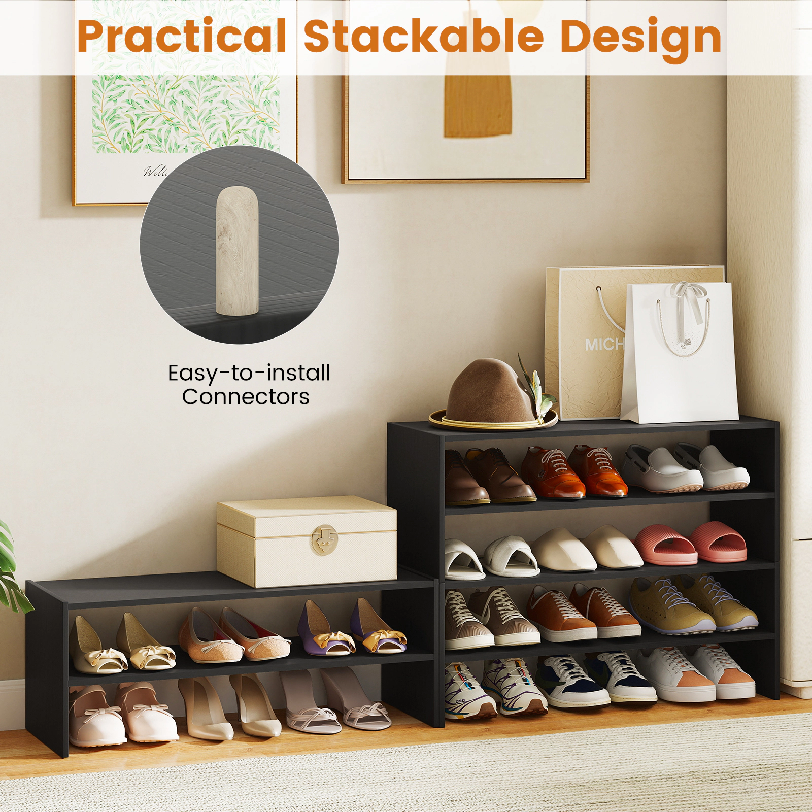 SUGIFT 6-Tier Black 31-in Wide Stackable Modular Shoe Rack Organizer with Anti-Tip Kit for Entryway
