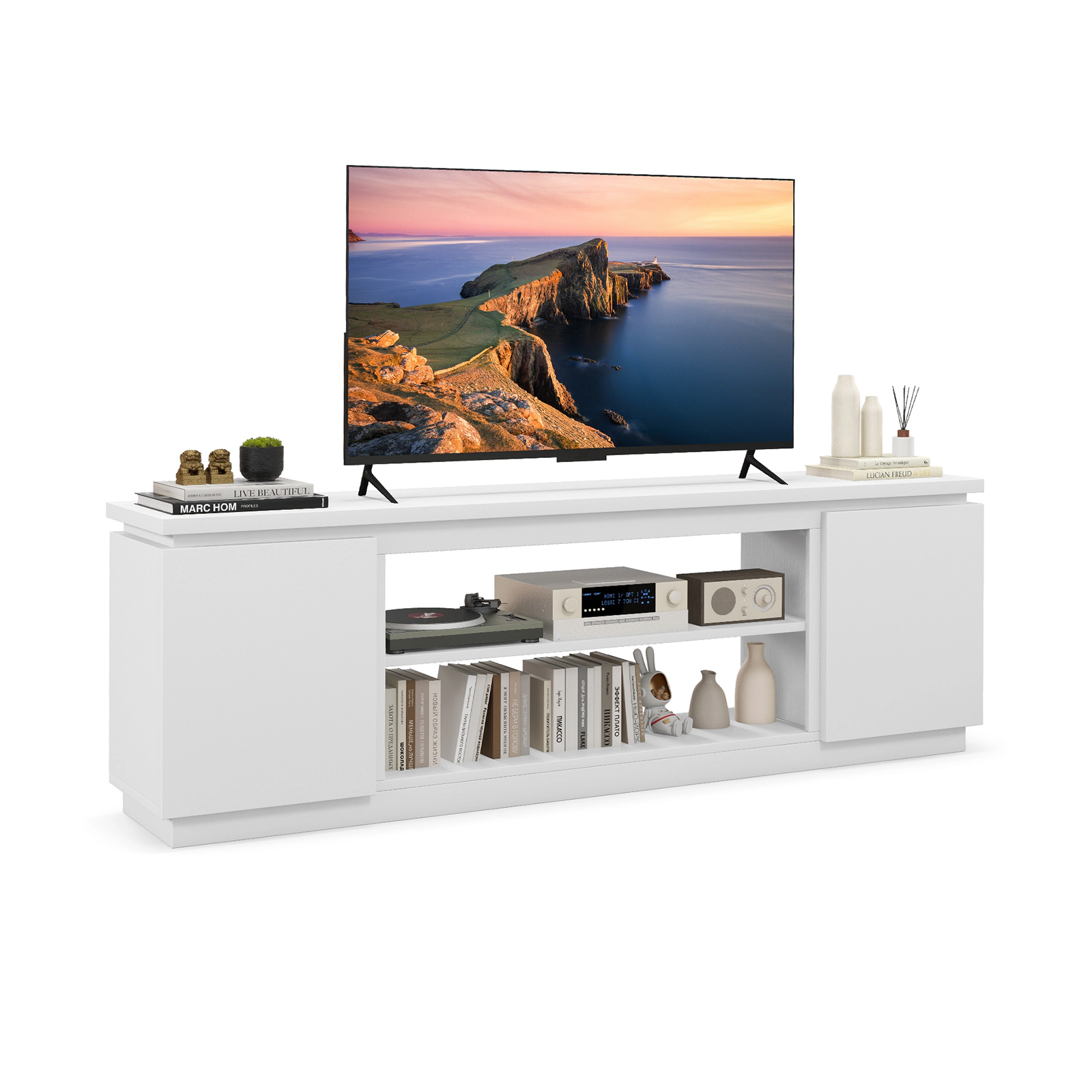 Glintex 70-Inch TV Cabinet with 3 Adjustable Shelves and Soft-Close Doors, White