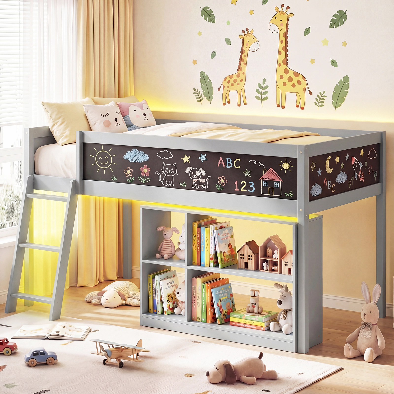 Costway Kids Loft Bed w/LED Lights Chalkboard & Removable Bookcase Safety Guardrail White