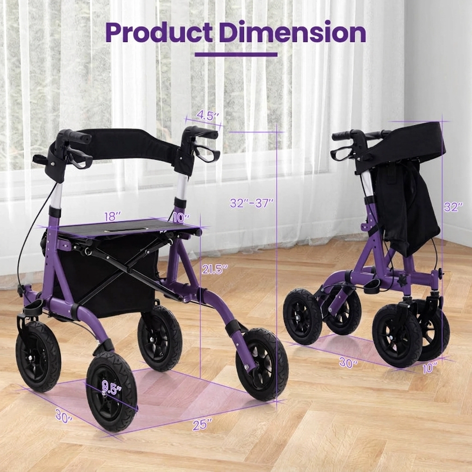 SUGIFT Folding Rollator Walker with Seat, 350-Lb Capacity, 9.5-Inch All-Terrain Wheels