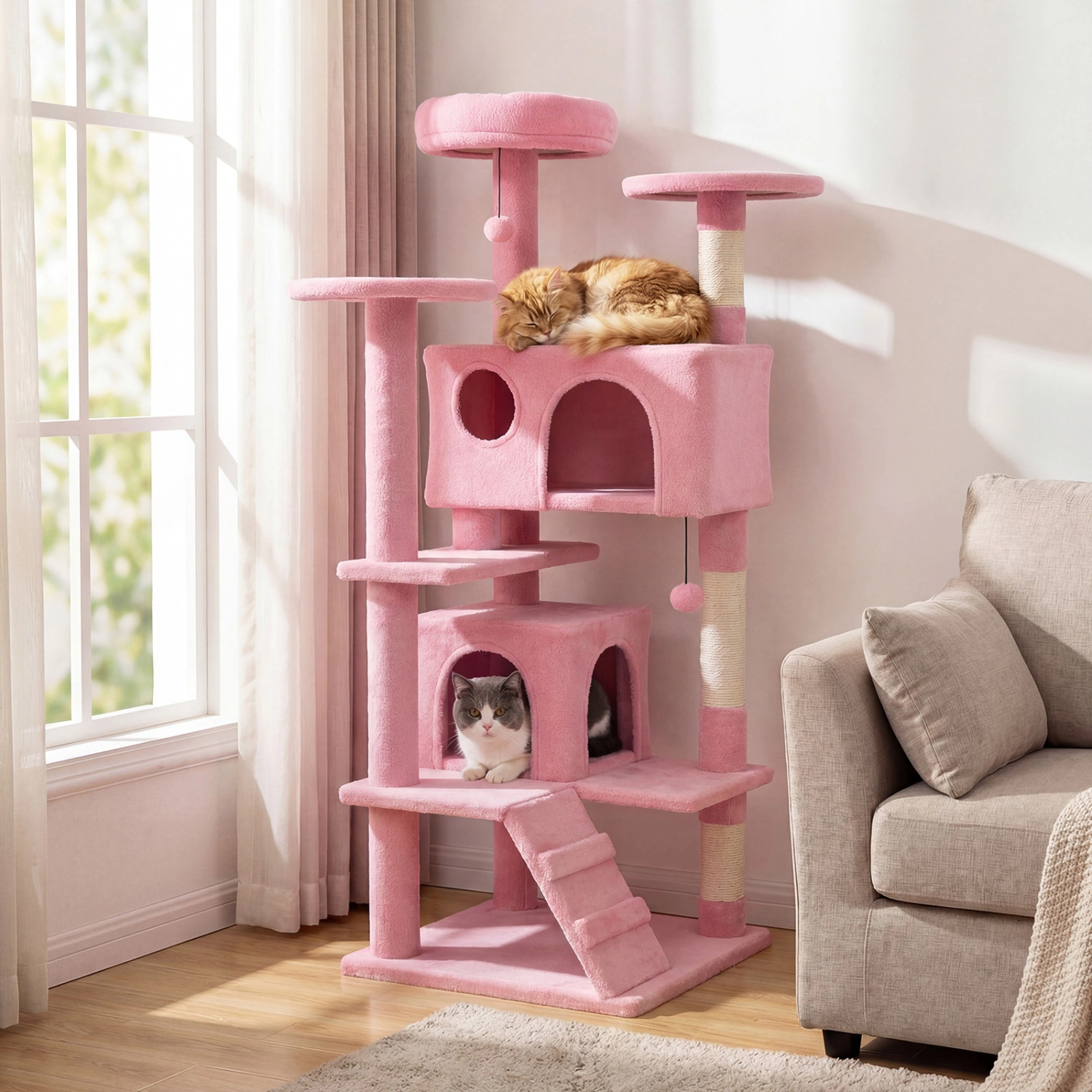 SUGIFT 52-in Pink Cat Tree Tower with Thick Padded 12-in Top Perch 2 Caves and Sisal Posts for Indoor Cats