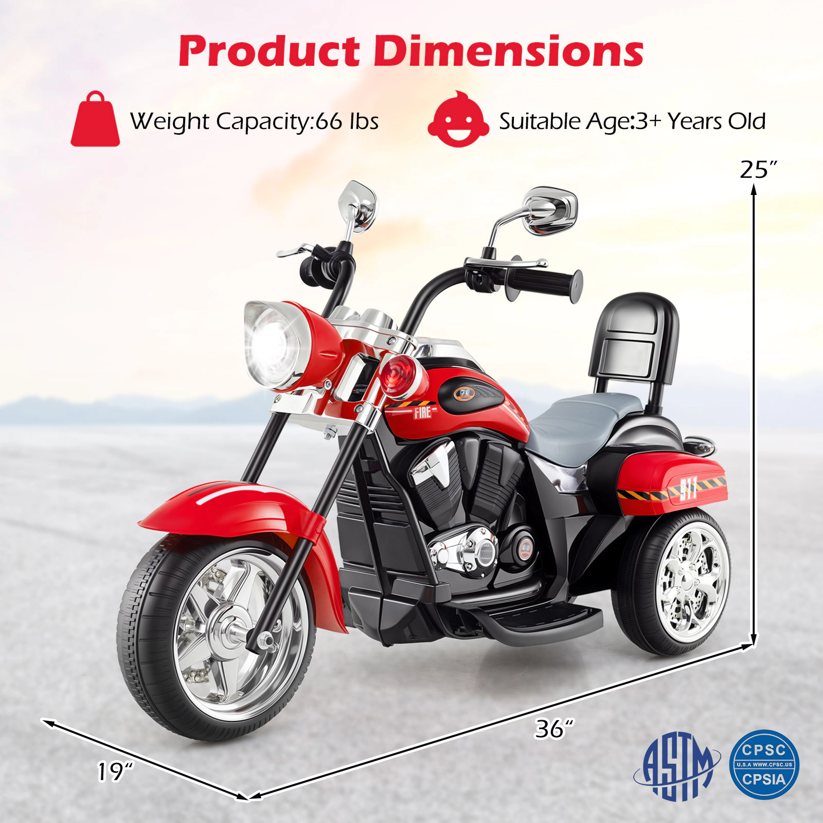 SUGIFT Horn and Headlight 6V Powered Toddler 3-Wheel Chopper Ride-On Motorbike