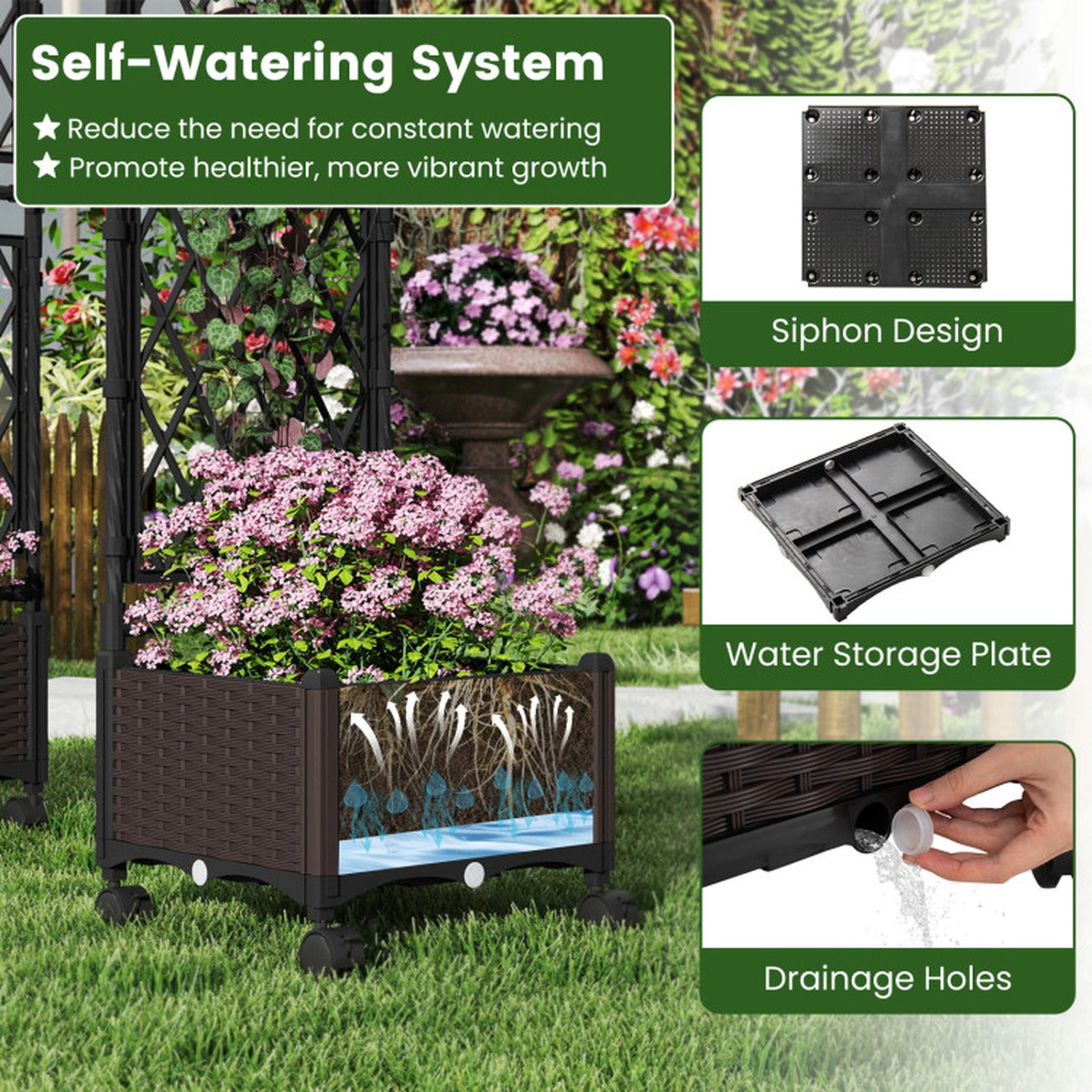 SUGIFT 5.5-ft Brown Self-Watering Planter Boxes with Lattice Trellis Roof and Lockable Universal Wheels