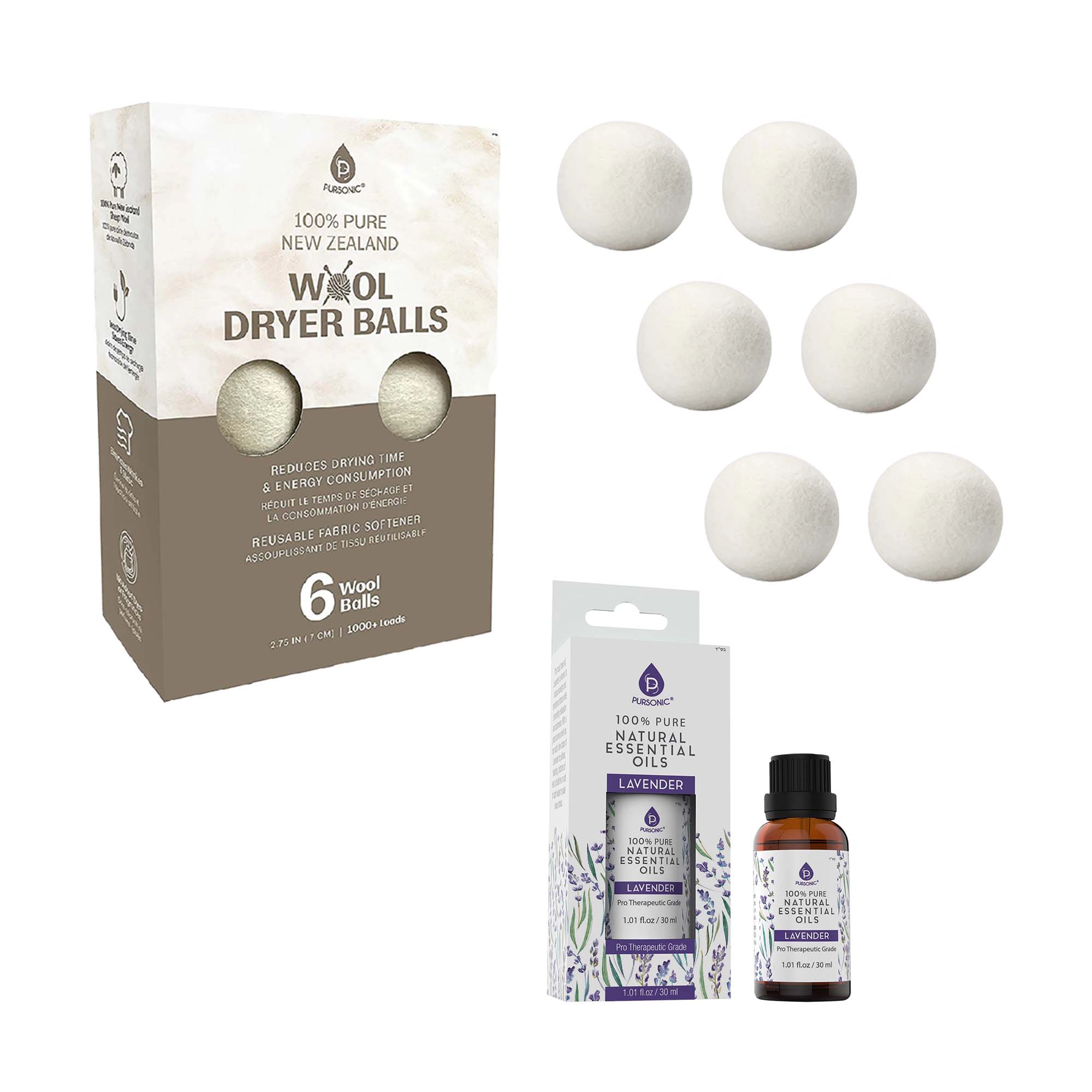 Pursonic Unisex Eco-Friendly Laundry Care Bundle with Wool Dryer Balls & Essential Oil Scent Set