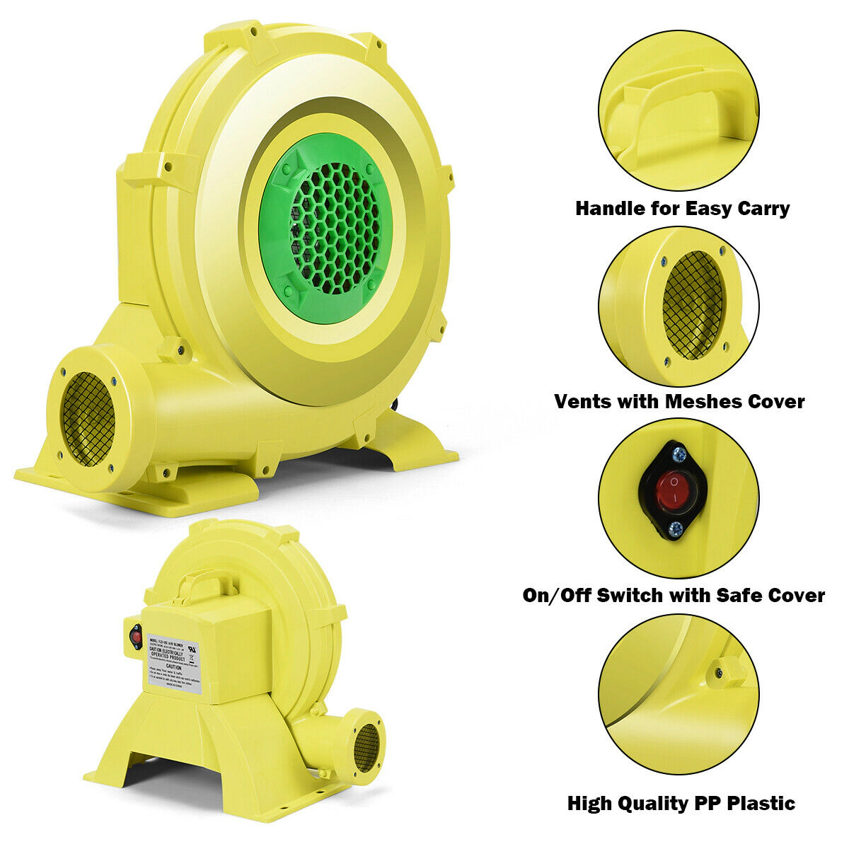 SUGIFT 735 W 1.0 HP Air Blower Pump Fan for Inflatable Bounce House 34600 CFM 4.25-in Air Outlet High-Grade PE Yellow