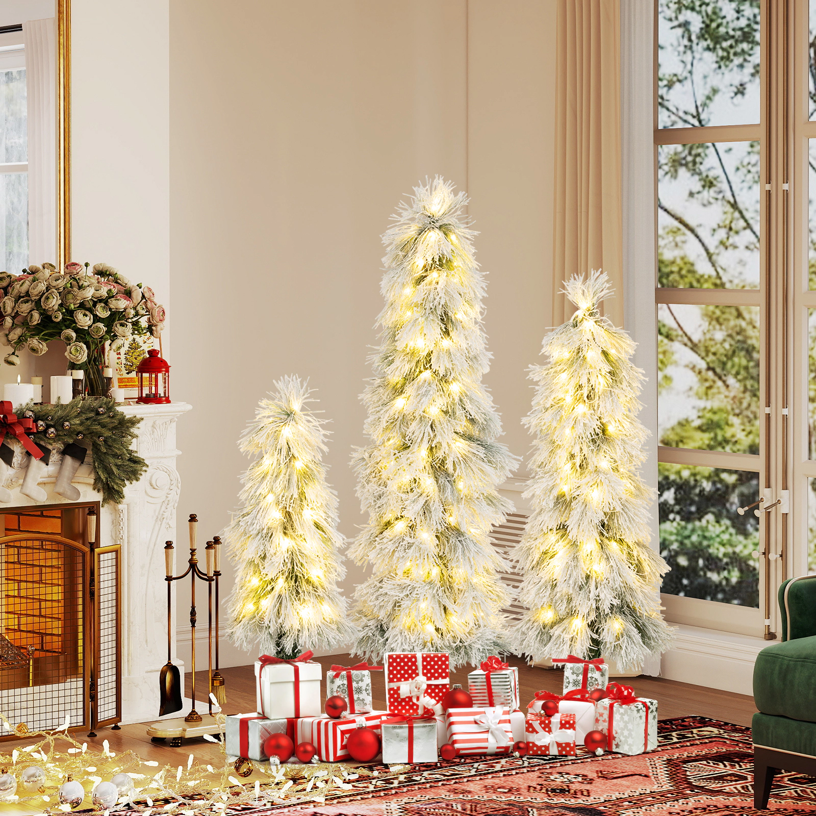 LJG Artificial Christmas Tree Set of 3 with Snow-Flocked Branch Tips and LED Lights
