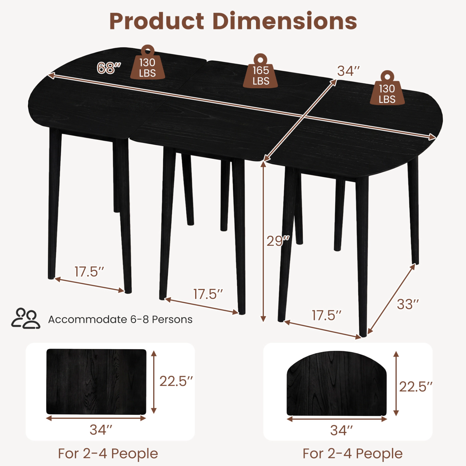 LJG Extendable Dining Table Set with 2 Half-Round and 1 Rectangular Tables