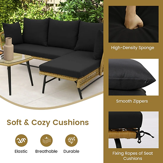 Hivvago 3 Pieces L-Shaped Patio Sofa With Cushions And Tempered Glass Table