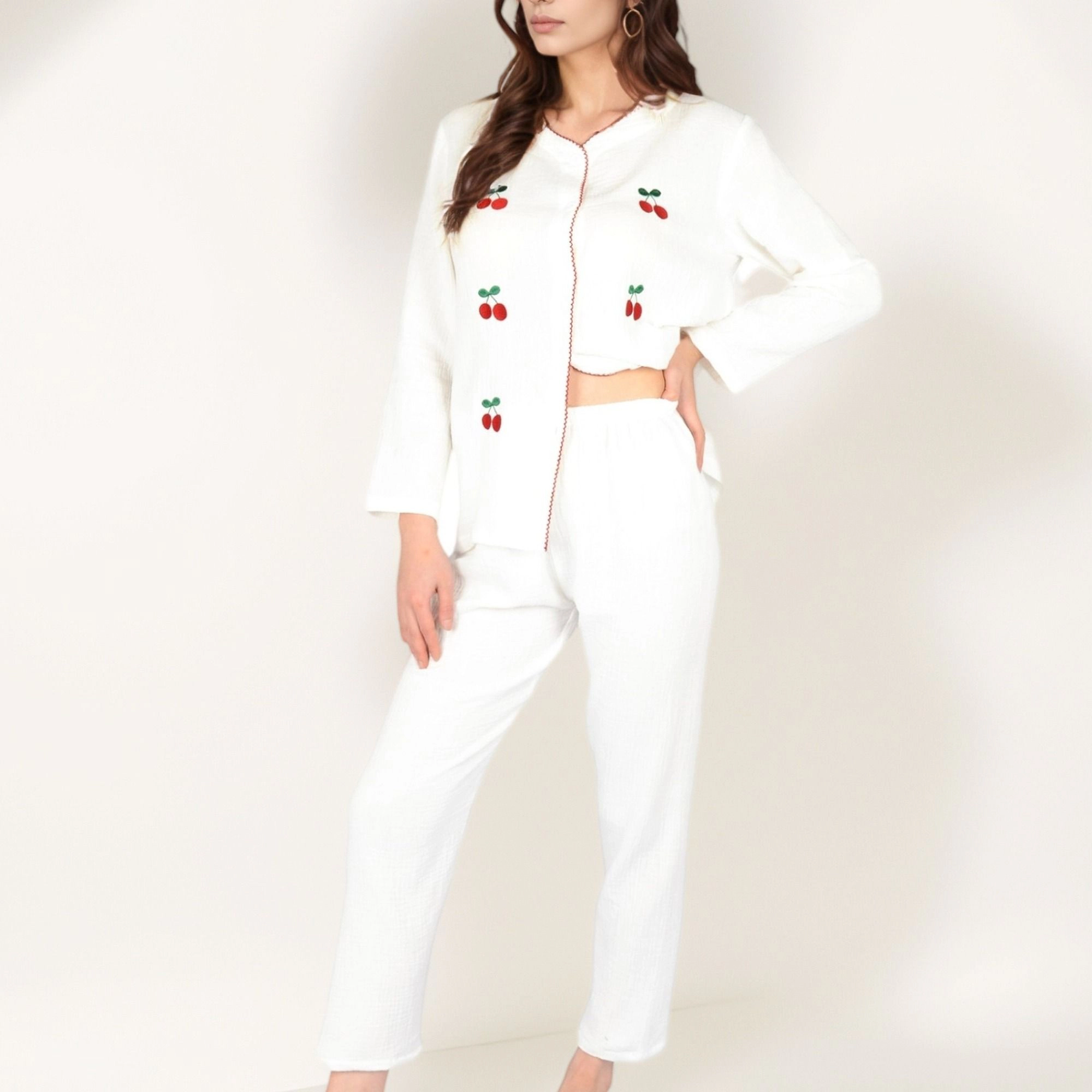 Anna-Kaci Women's Cherry Embroidered Long Sleeve Pajama Set with Button Front Top and Lightweight Relaxed Fit Pants