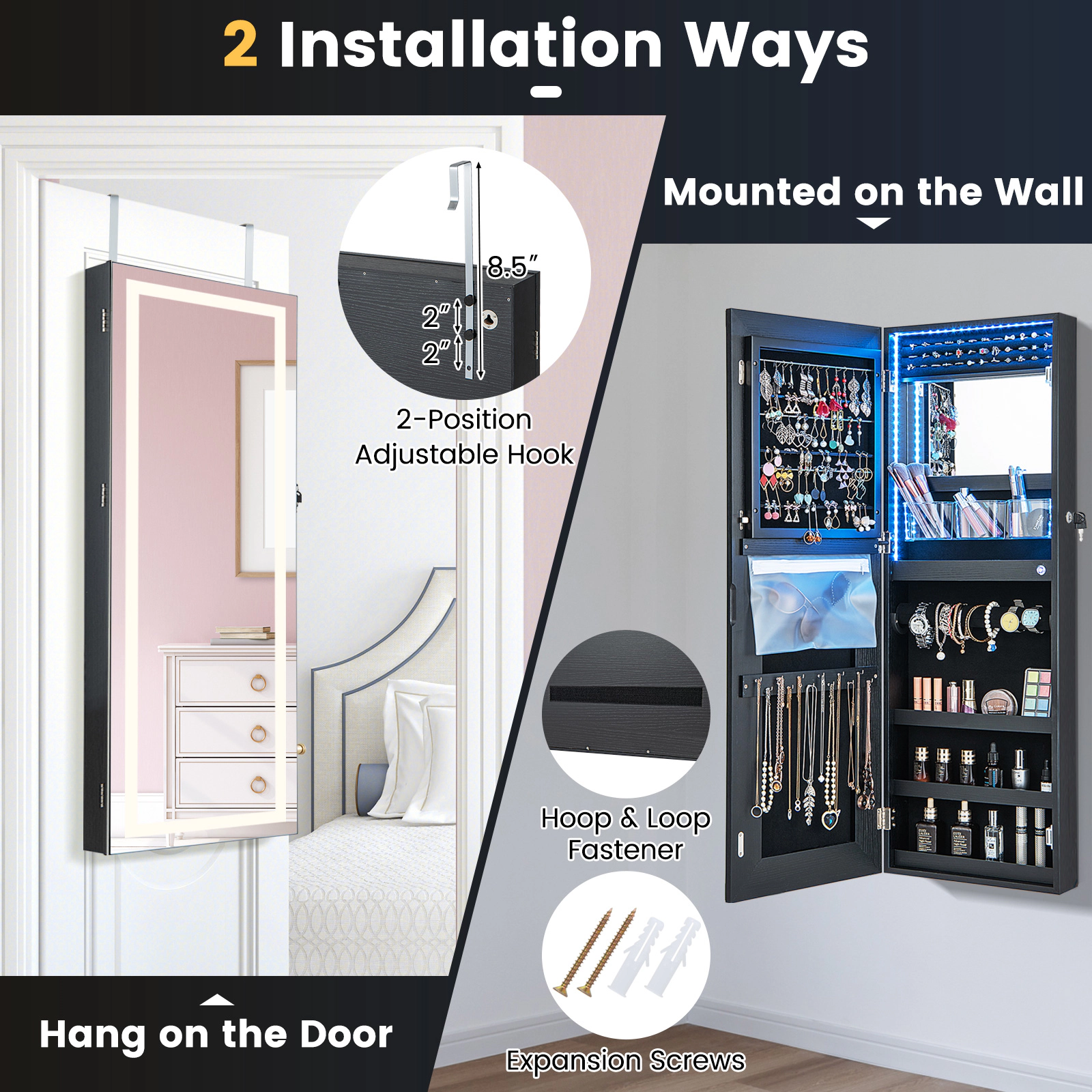 Hivvago Lockable Jewelry Mirror Cabinet with LED Lights
