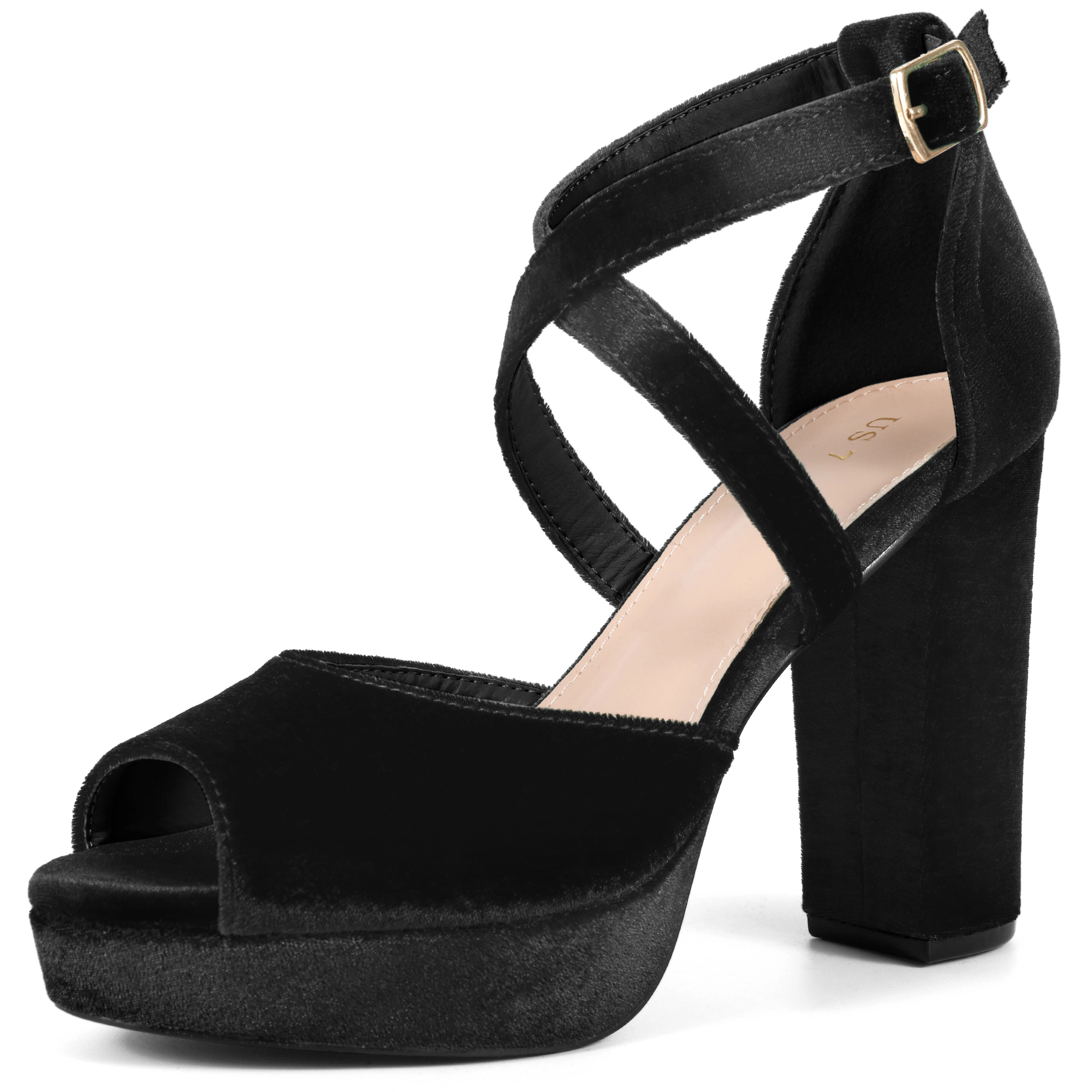 BLISSFUL STEP Women's Velvet Peep Toe Chunky Heel Block Platform Sandals