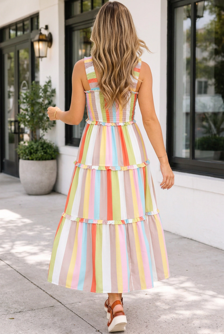 Threaded Pear Womens Gabbi Tiered Maxi Dress - Green, Smocked Bodice, Ruffle Tiers