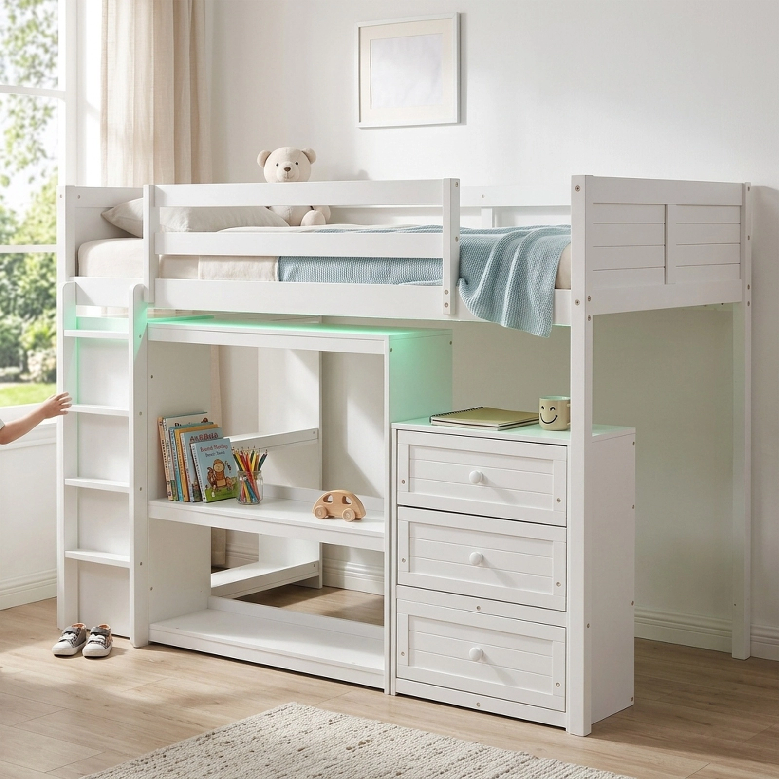 SUGIFT Twin Loft Bed for Kids with LED Lights, 3 Drawers, 4 Shelves, White